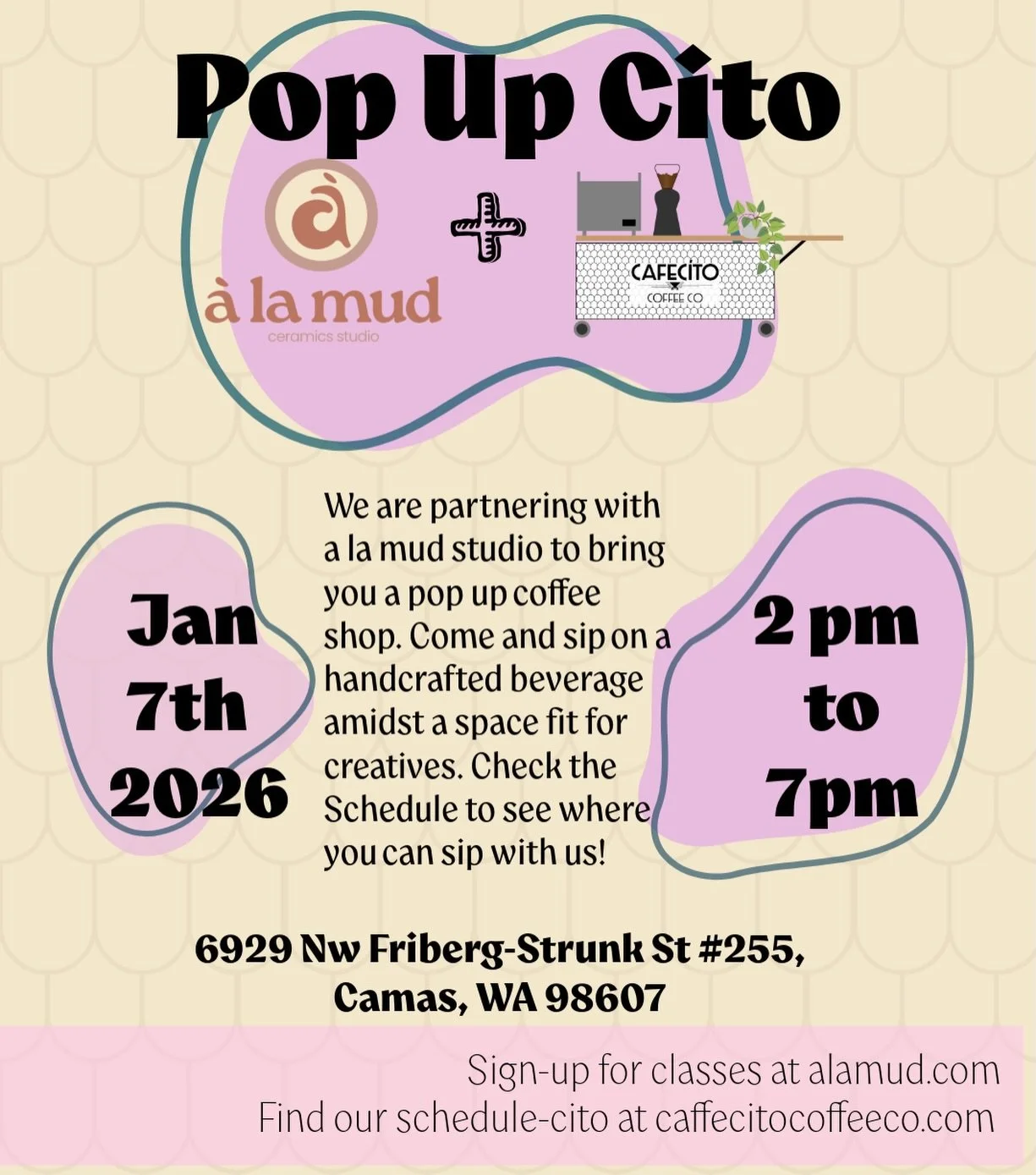 Wednesday 1/7 2pm-7pm come and see us @a.la.mud it&rsquo;s a great space designed for creators. Have some coffee and check it out. We are serving to the public, while you&rsquo;re there you can learn more about the wonderful world of pottery, and see