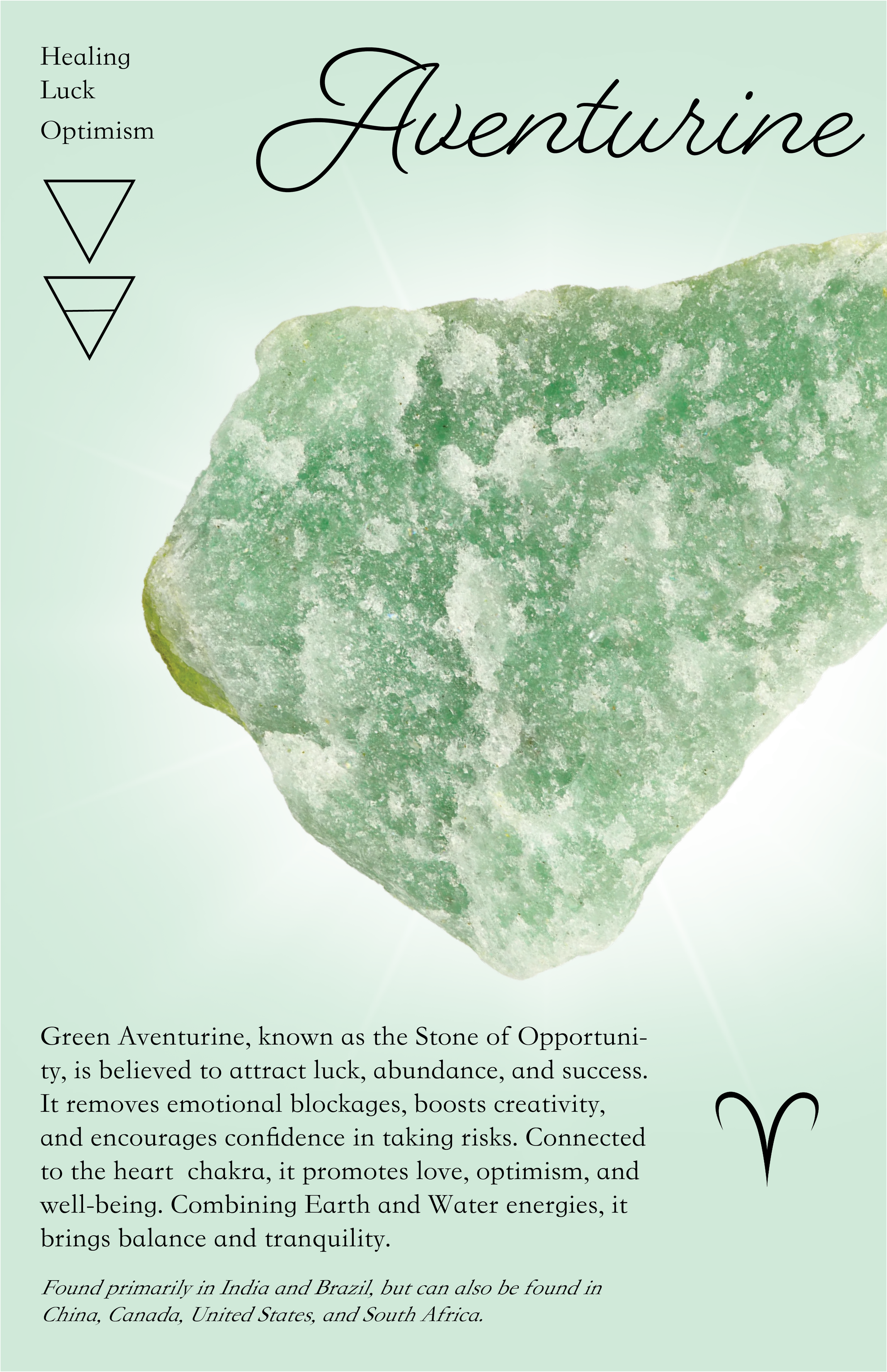 A promotional poster about aventurine, a green mineral, explaining its healing properties, symbolism, and origins with a large image of a green aventurine stone and decorative text.