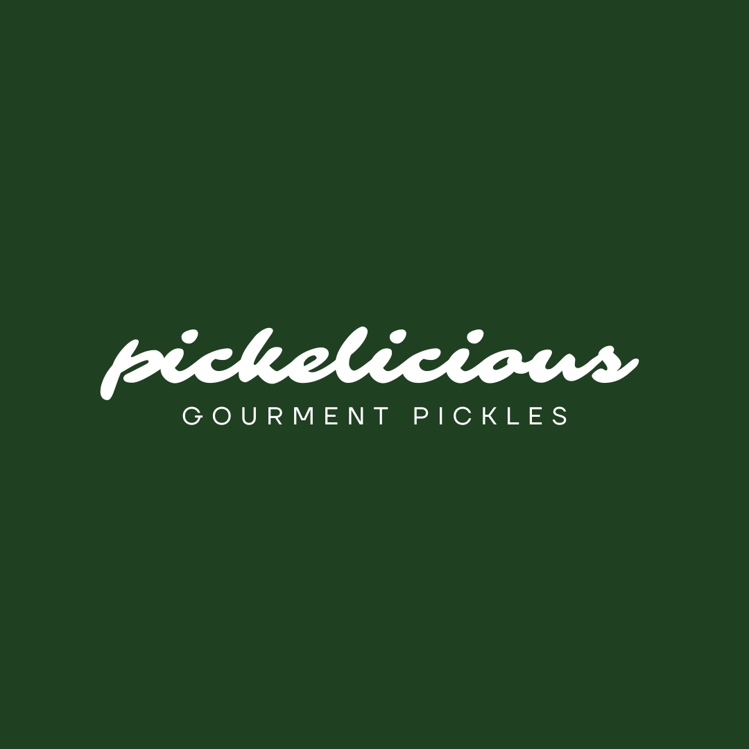 Green background with white text reading 'picklicious GOURMET PICKLES'.