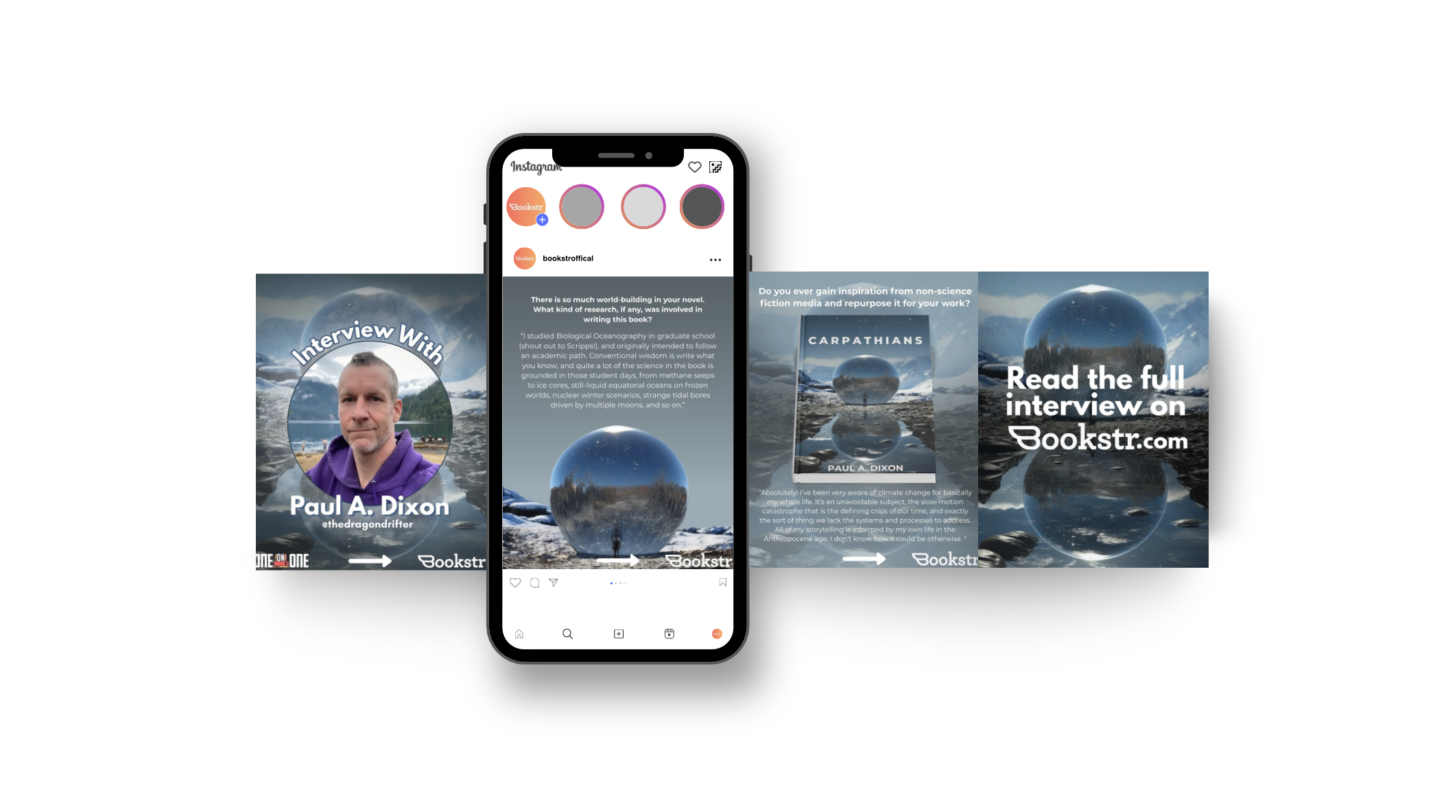 Digital collage featuring an interview with author Paul A. Dixon about science fiction and climate change, including a mock social media post and promotional graphics for Bookstr.com.