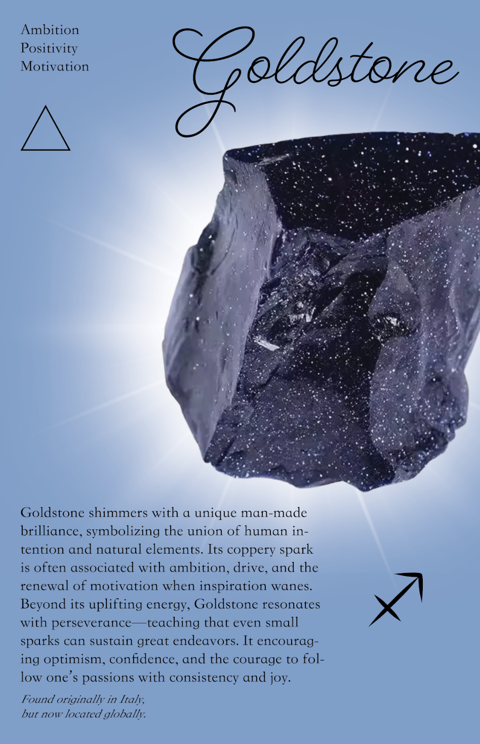 A promotional poster featuring a large, glittering goldstone gemstone with a blue background. The poster includes text about goldstone's symbolism of ambition, positivity, and motivation, and mentions its origins and inspiring qualities.