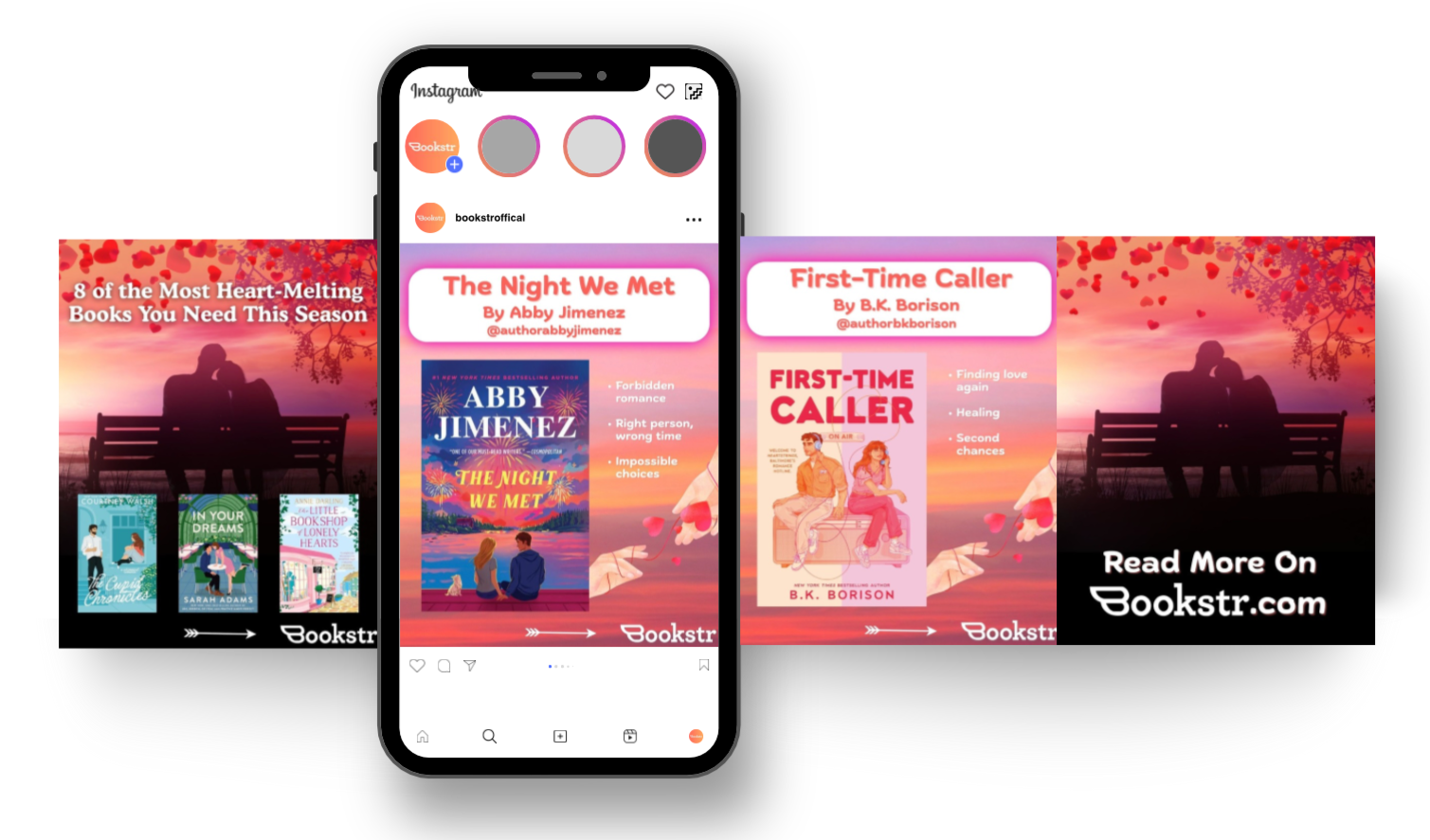 An Instagram story advertisement featuring book promotions. The center phone shows posts about two books by Abby Jimenez and B.K. Borison, titled "The Night We Met" and "First-Time Caller." The background has red and pink hues with silhouettes of a c