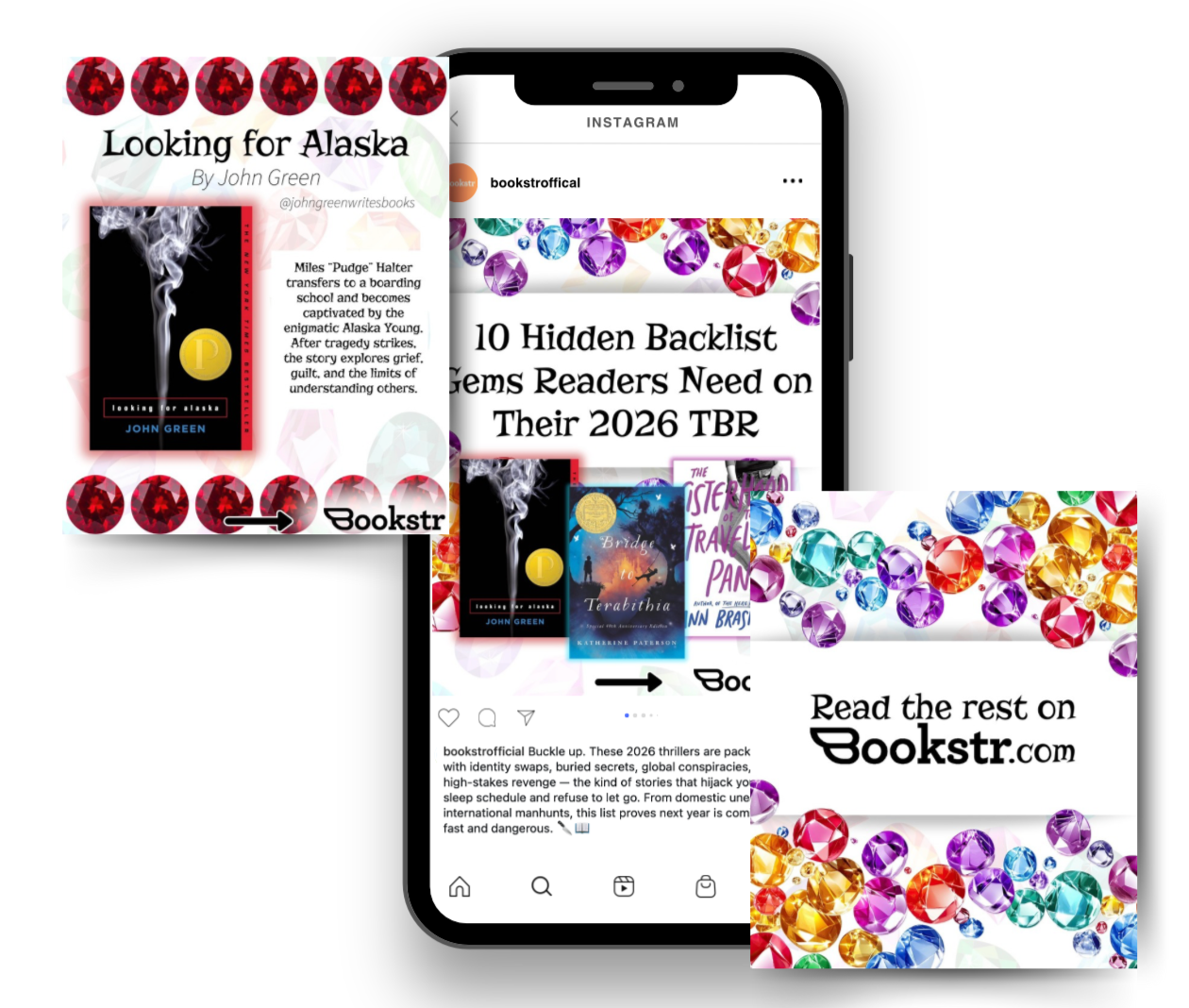 Smartphone screen displaying Instagram post and book covers surrounded by colorful jewel-like decorations.