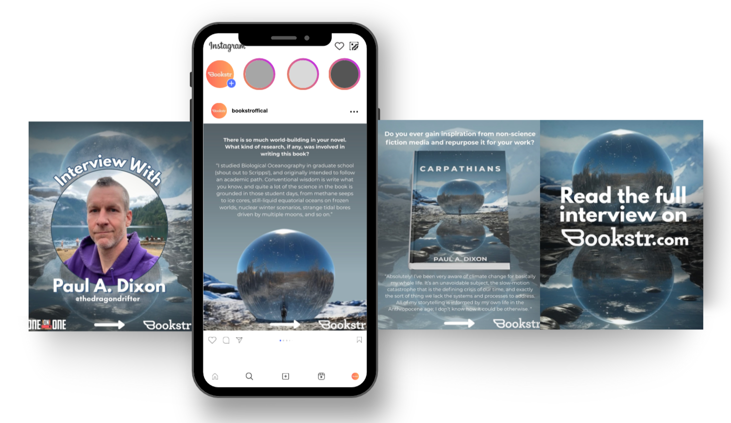 Digital collage featuring an interview with author Paul A. Dixon about science fiction and climate change, including a mock social media post and promotional graphics for Bookstr.com.