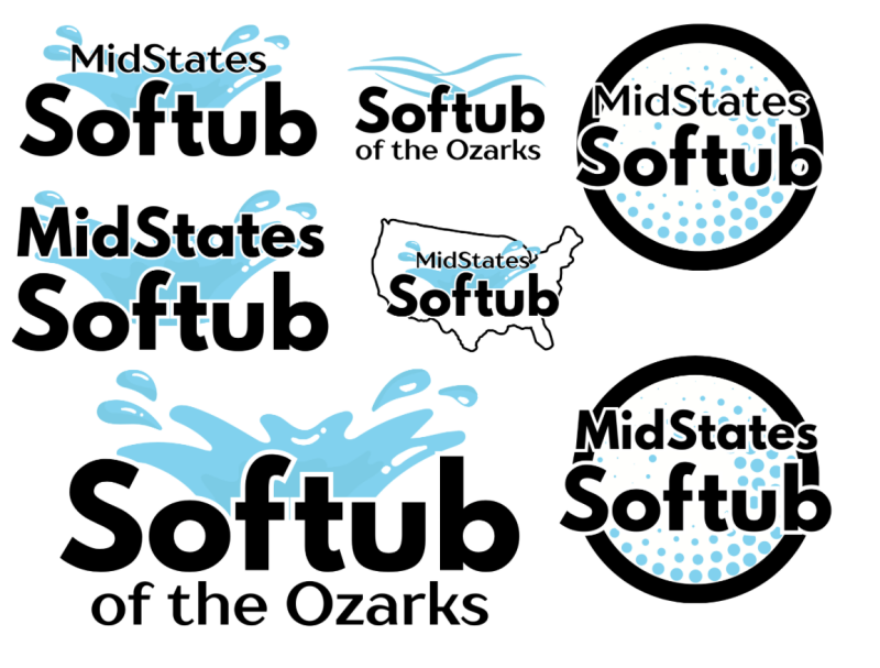 Various logo designs for MidStates Softub, including text, water splash graphics, and a map of the United States highlighting Missouri.