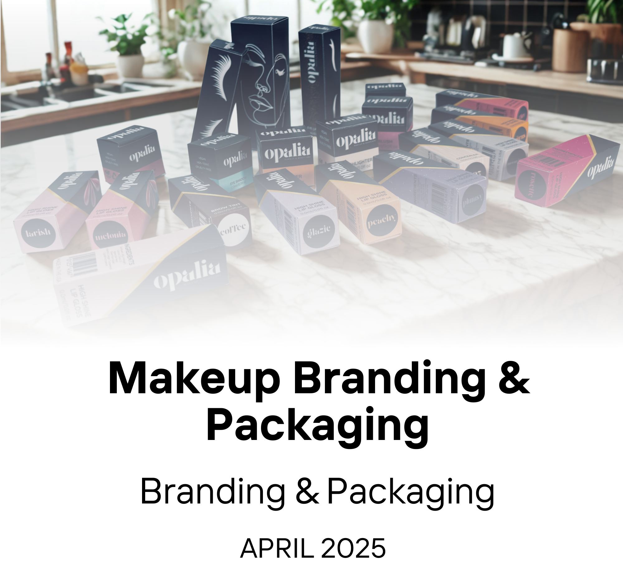 Arrangement of makeup product packaging and branding materials on a marble countertop with a blurred kitchen background.