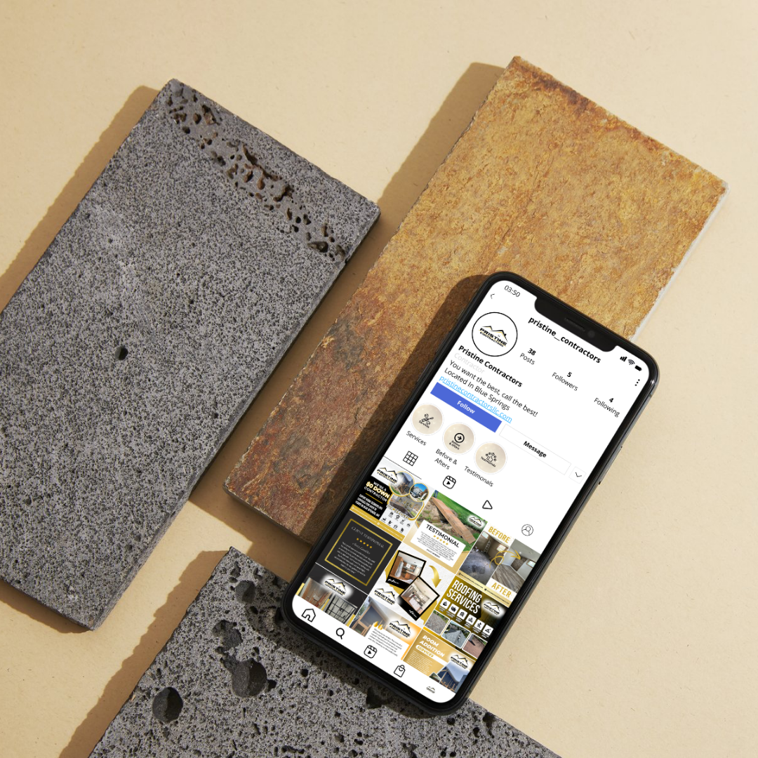 A smartphone displaying an Instagram profile for Pristine Contractors, surrounded by two concrete bricks and one rusty metal brick on a light background.