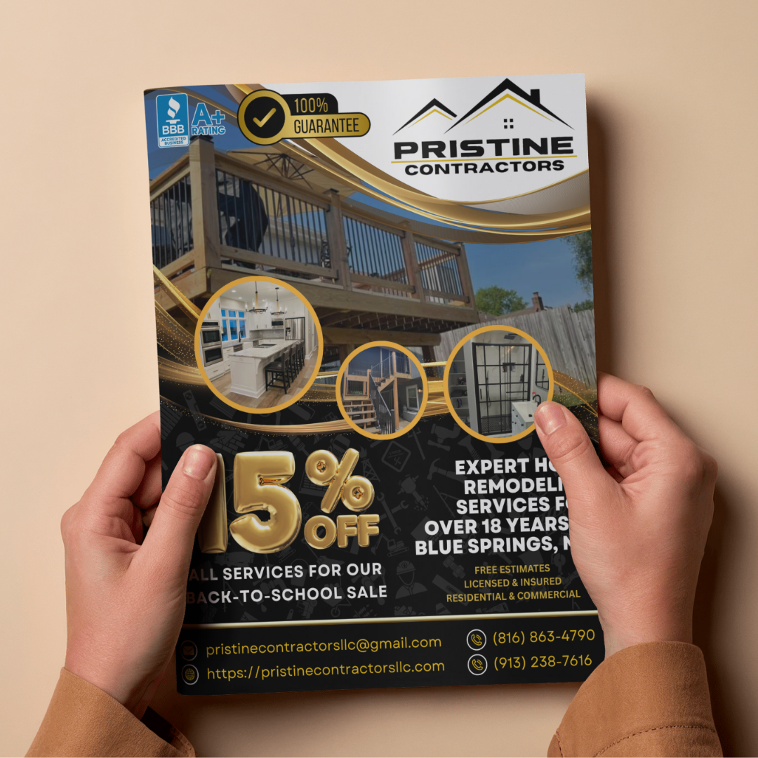 Flyer for Pristine Contractors offering 15% off on home remodeling services with images of a deck, kitchen, stairs, and interior work, including contact information and a guarantee badge.