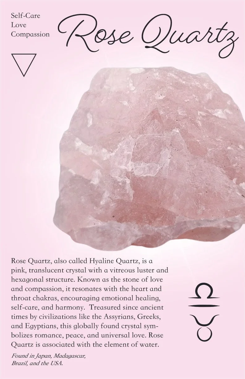 A pink rose quartz crystal with text describing its properties and historical significance, set against a light pink background.