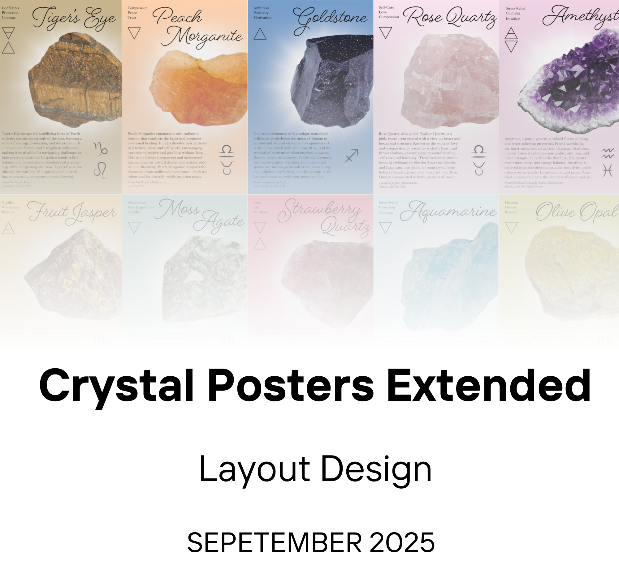 Poster featuring various crystals with names and descriptive keywords such as Tiger's Eye, Peach Morganite, Goldstone, Rose Quartz, Amethyst, Fruit Jasper, Moss Agate, Strawberry Quartz, Aquamarine, and Olive Opal. Each crystal's properties are listed alongside decorative symbols.