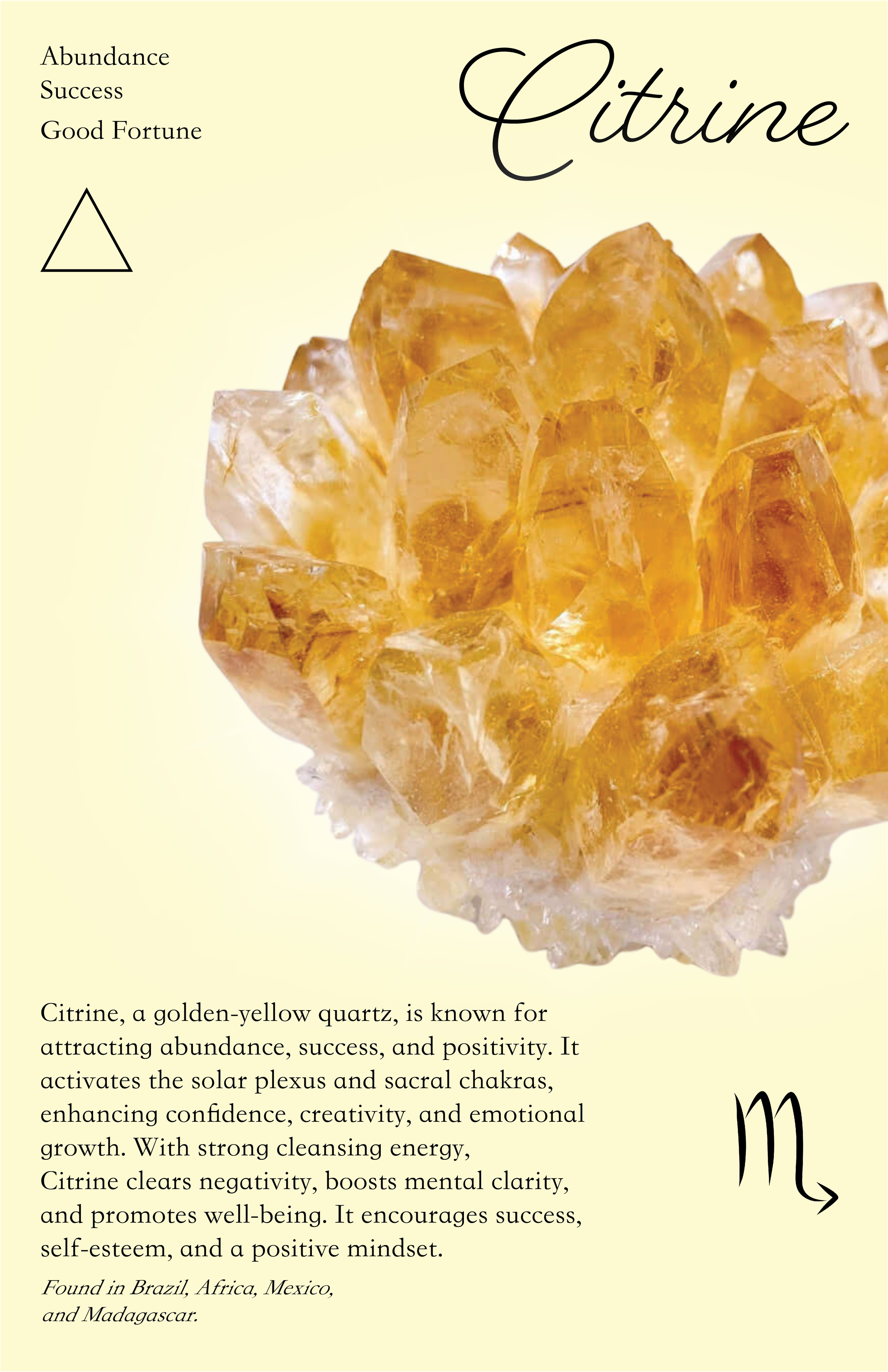 A cluster of golden-yellow citrine crystals on a light background with text describing citrine's properties and benefits, including attracting abundance, success, positive energy, and well-being, along with an illustration of the zodiac sign Scorpio.