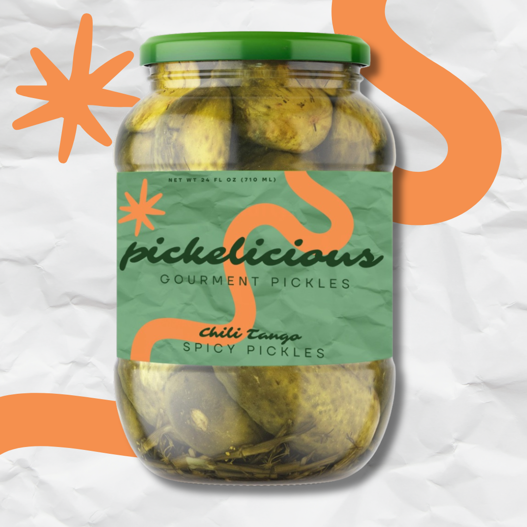 A jar of spicy gourmet pickled jalapeño peppers with a green lid and a label that reads 'pickelicious chili Tango'.