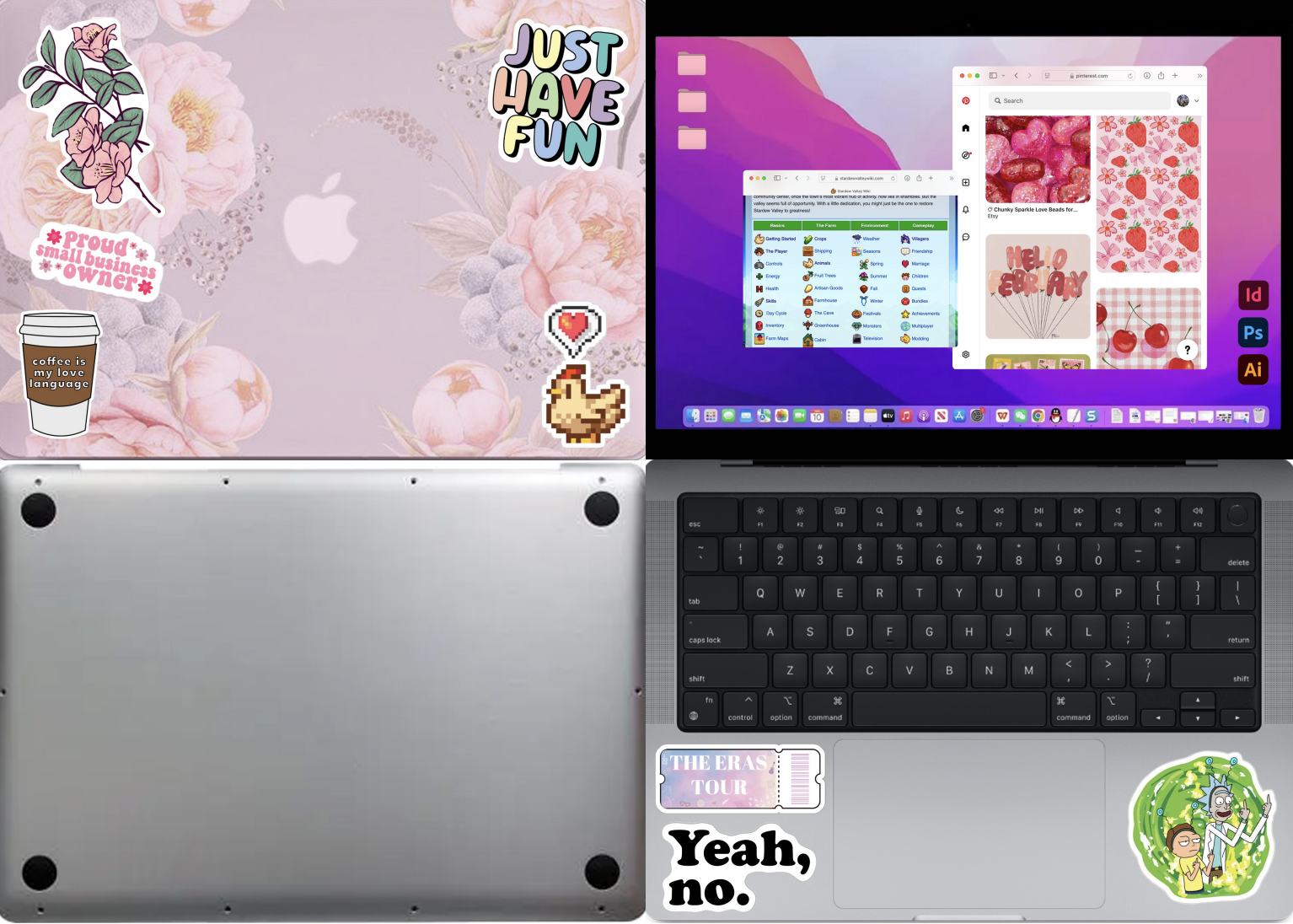 The image is divided into four parts. The top left section shows a pink floral background with stickers of a flower, a coffee cup labeled "coffee is my love language," a sticker that says "Proud small business owner," a cartoon heart and a pixelated 