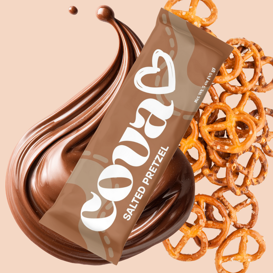Salted pretzel pieces and swirls of chocolate with a salted pretzel snack bar on a beige background.