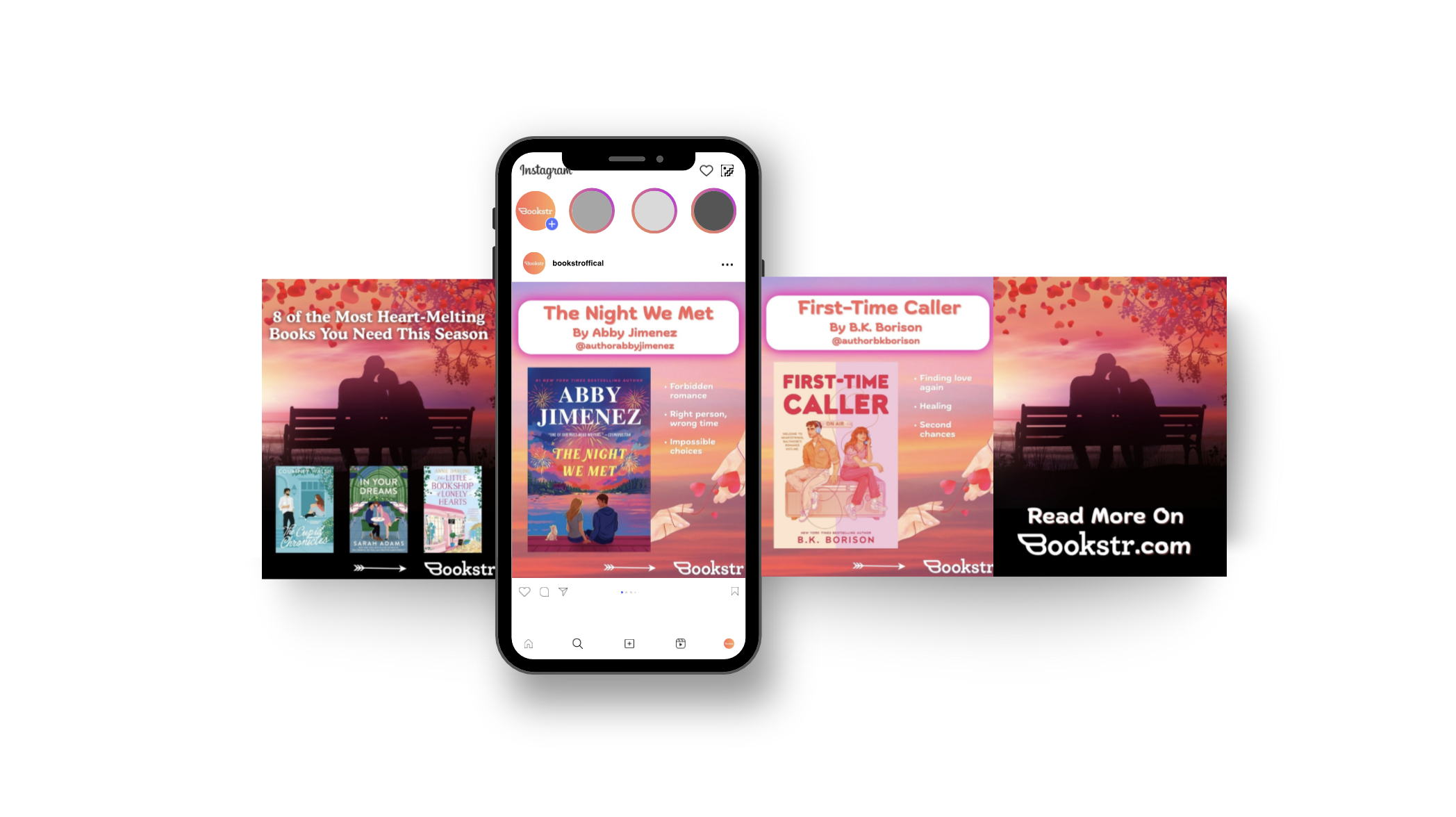 An Instagram story advertisement featuring book promotions. The center phone shows posts about two books by Abby Jimenez and B.K. Borison, titled "The Night We Met" and "First-Time Caller." The background has red and pink hues with silhouettes of a c