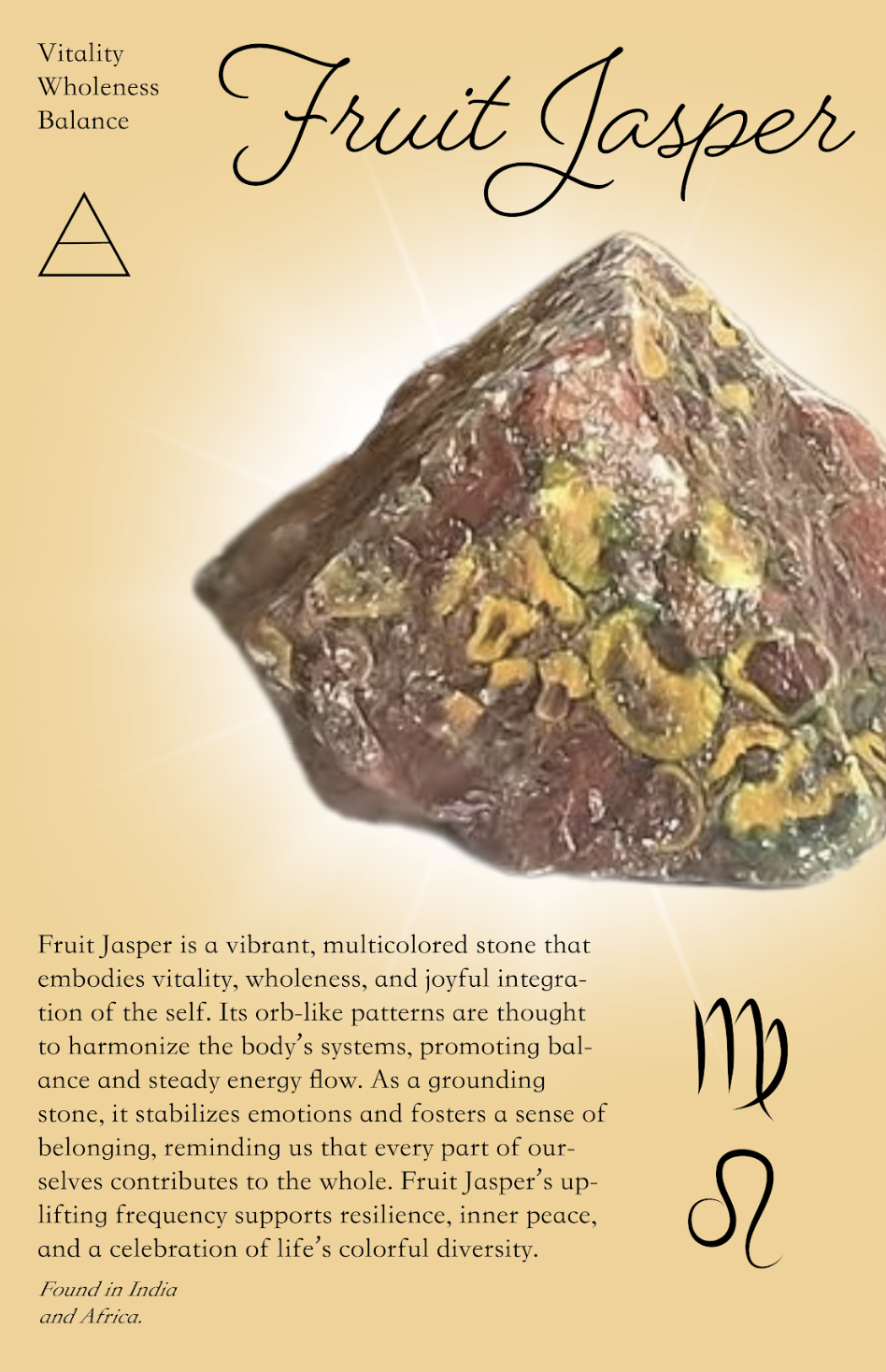 A vibrant, multicolored stone called Fruit Jasper with orb-like patterns, associated with vitality, wholeness, and balance, depicted on a beige background with descriptive text.