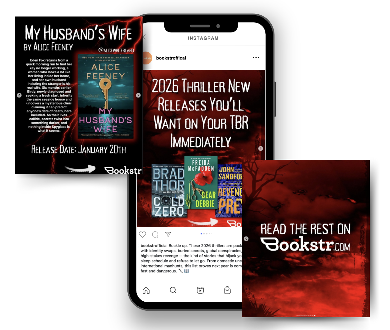 Digital collage featuring book covers and promotional graphics for thriller novels, including "My Husband's Wife" by Alice Feeney, a 2026 thriller release, and other book titles, with a dark red and black background and a smartphone displaying relate