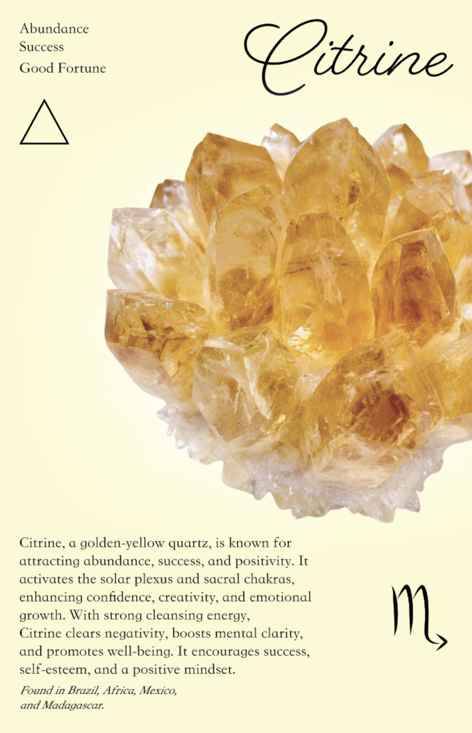 A digital illustration of citrine quartz crystals with a yellow background. Text on the image explains the qualities and benefits of citrine, including attracting abundance, success, and positivity, and mentions its effects on the solar plexus and sa