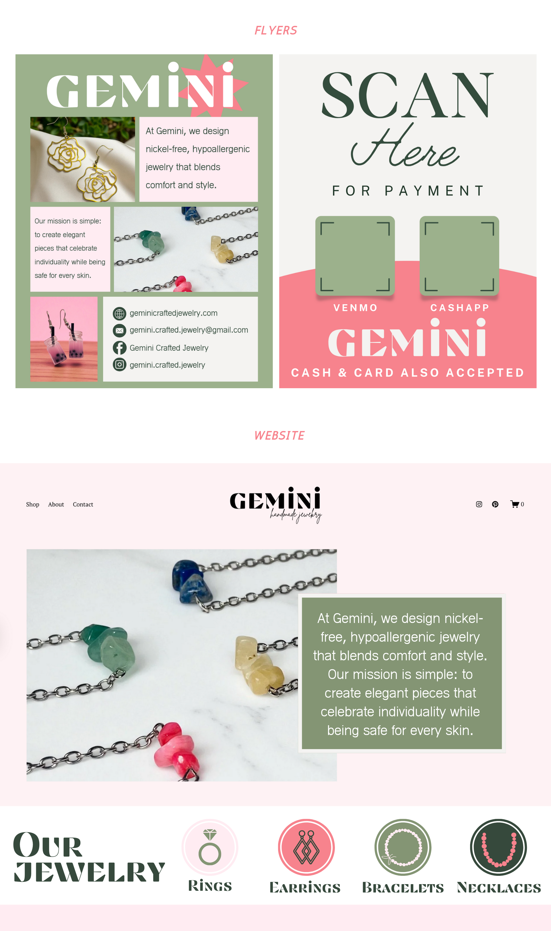 Business flyer and website for Gemini jewelry featuring colorful alphabet letter necklaces, contact information, and payment options, emphasizing nickel-free, hypoallergenic jewelry designs.