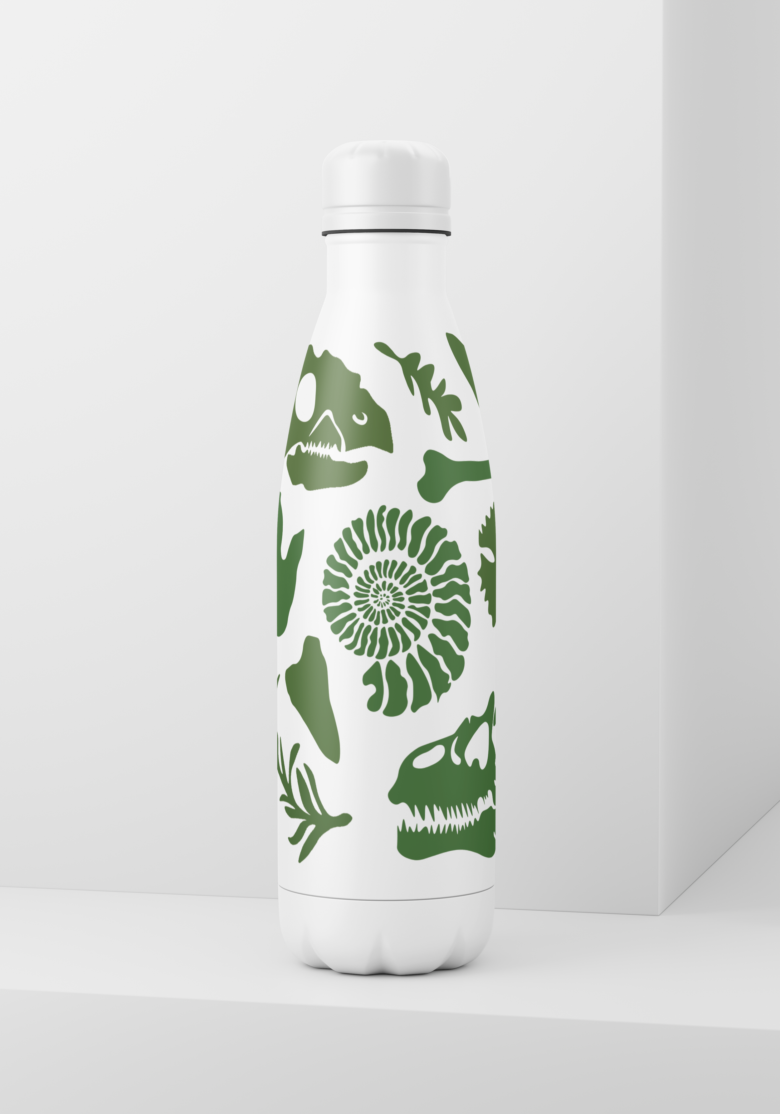 A white bottle with green illustrations of skulls, bones, spiral shells, and plant elements.