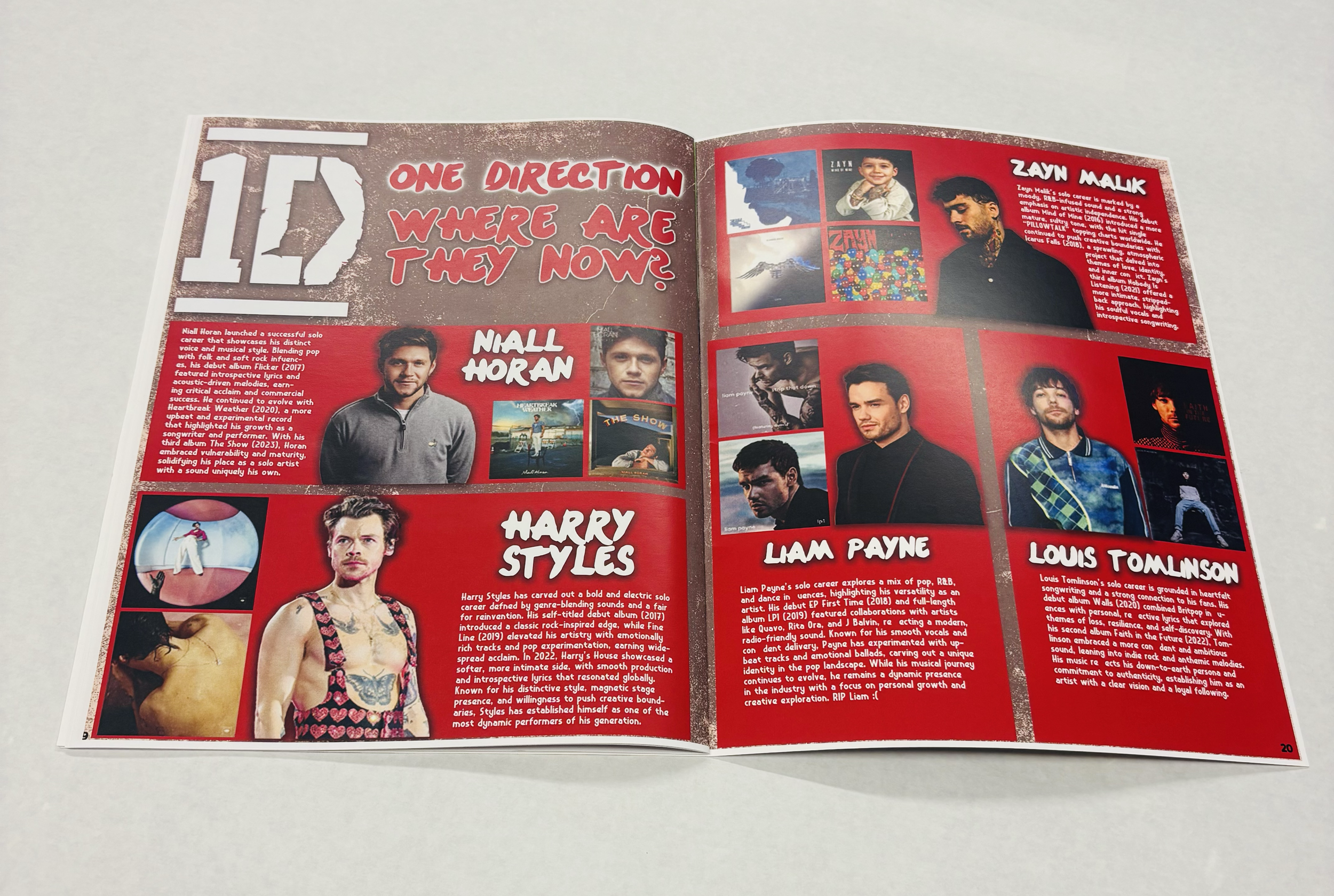 A magazine spread featuring photos and descriptions of music artists Niall Horan, Harry Styles, Zayn Malik, Liam Payne, and Louis Tomlinson, highlighting their careers and achievements.