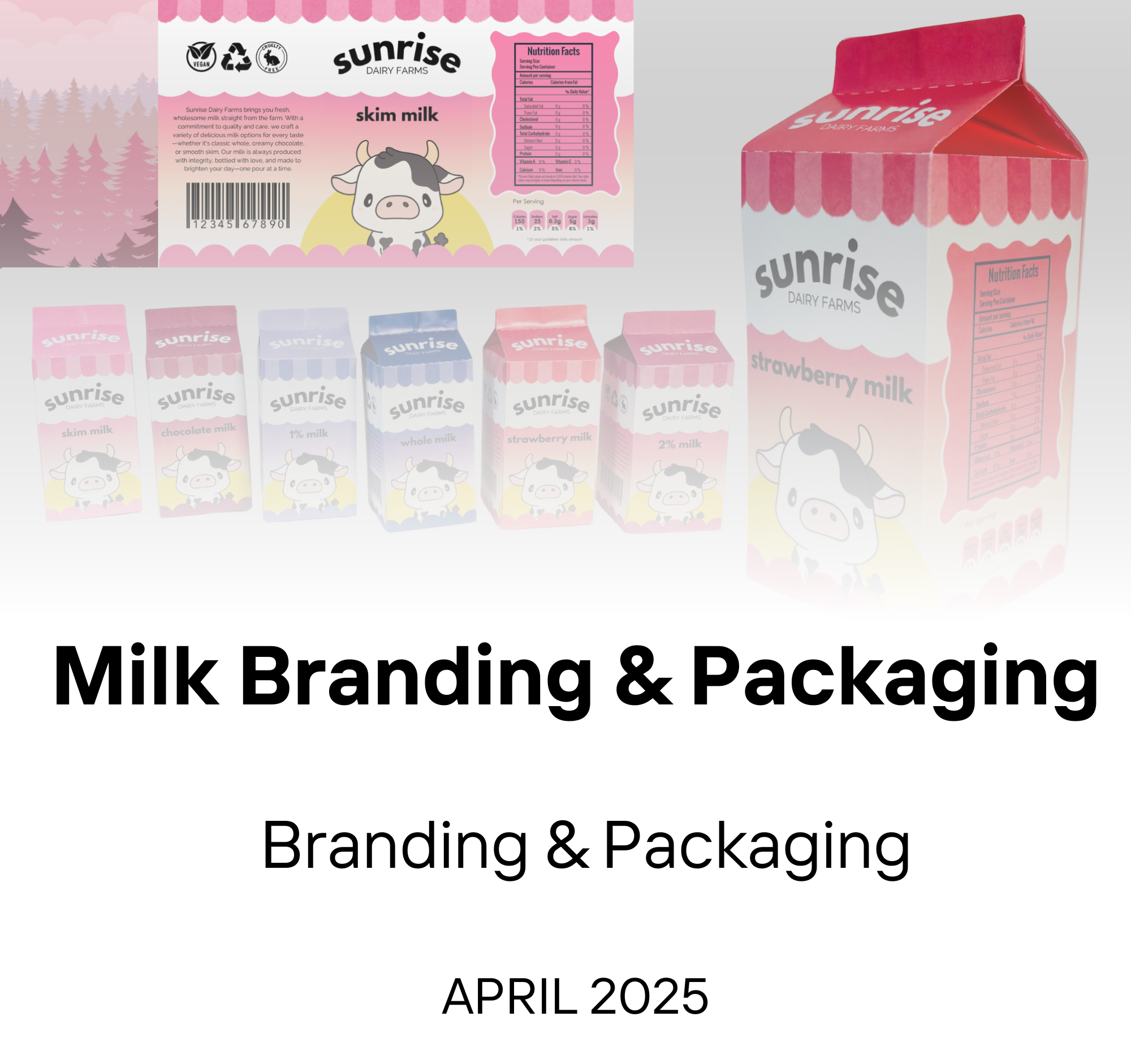 Title slide with the text 'Milk Branding & Packaging, Branding & Packaging, April 2025' and an image of various milk product cartons with a cow cartoon on the packaging.