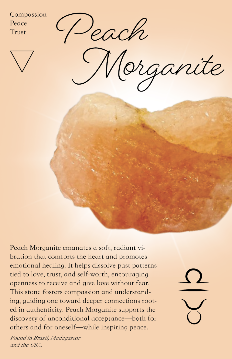 A promotional graphic featuring a peach-colored gemstone resembling Peach Morganite, with text describing its calming and healing properties, and symbols for compassion, peace, and trust.