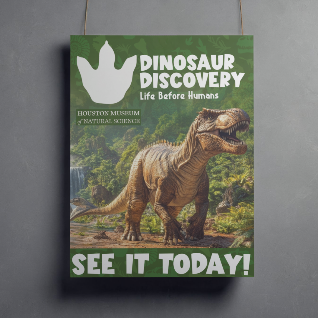 Poster advertising a dinosaur discovery exhibit at the Houston Museum of Natural Science featuring a T-Rex in a lush jungle setting with the text 'See It Today!'
