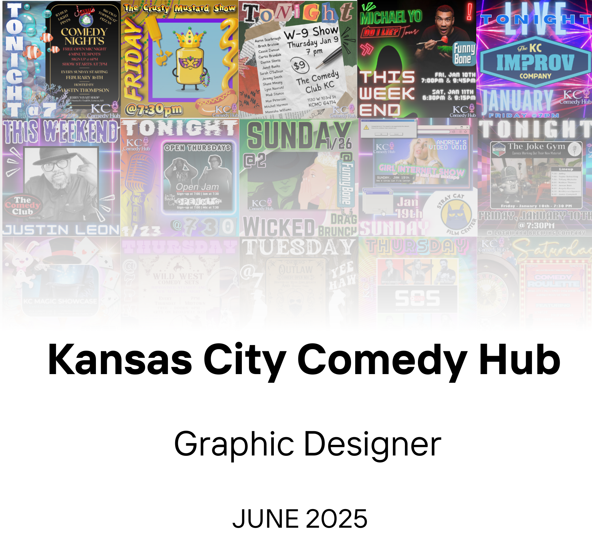 Cover page of a graphic design portfolio for Kansas City Comedy Hub by a graphic designer, dated June 2025, featuring a collage of colorful posters and promotional images for comedy shows and events.