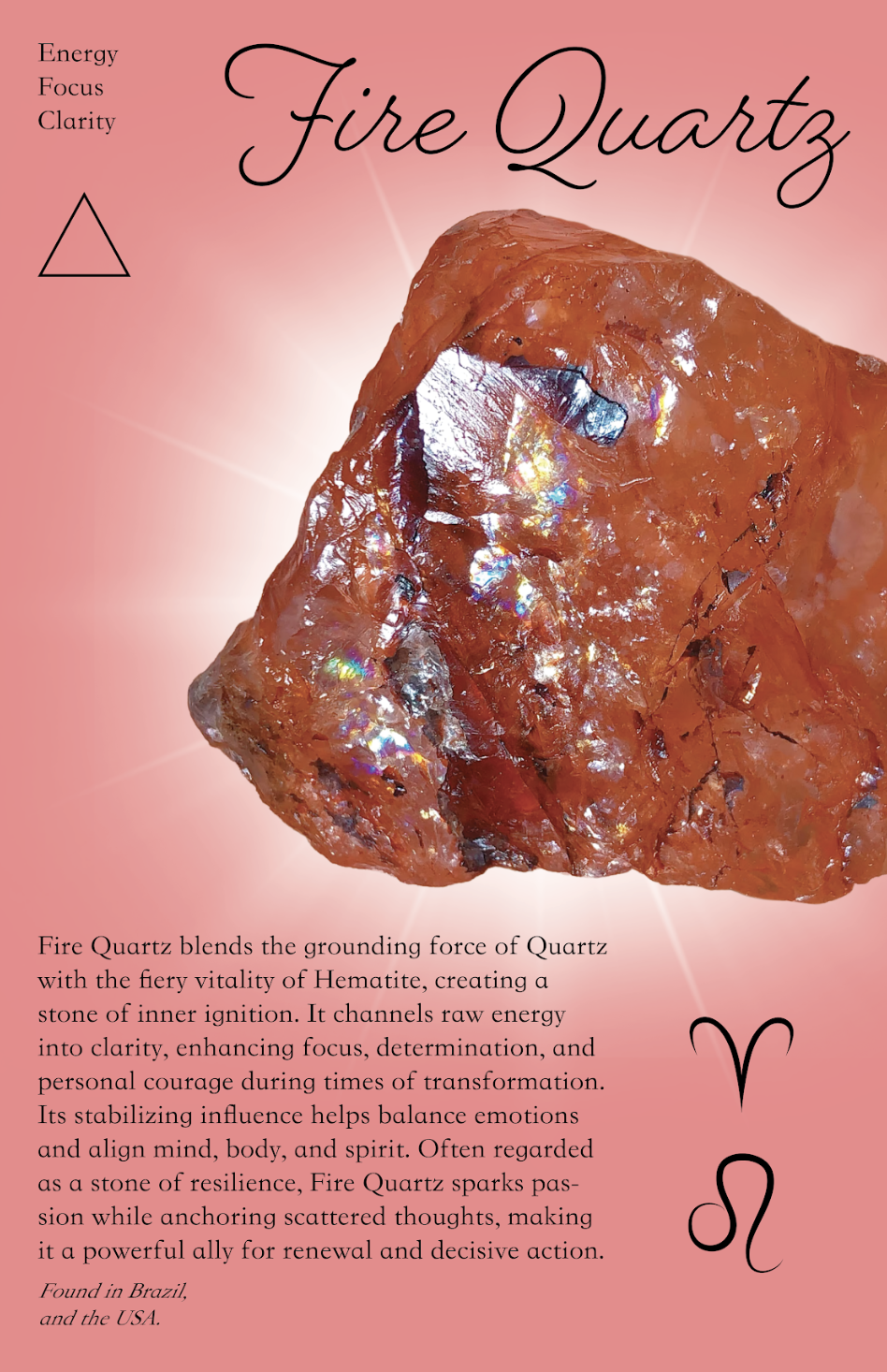 A fiery orange-red fire quartz crystal with iridescent reflections on a pink background. Text describes fire quartz's energetic and transformative properties, with a heading and an Aries zodiac symbol.