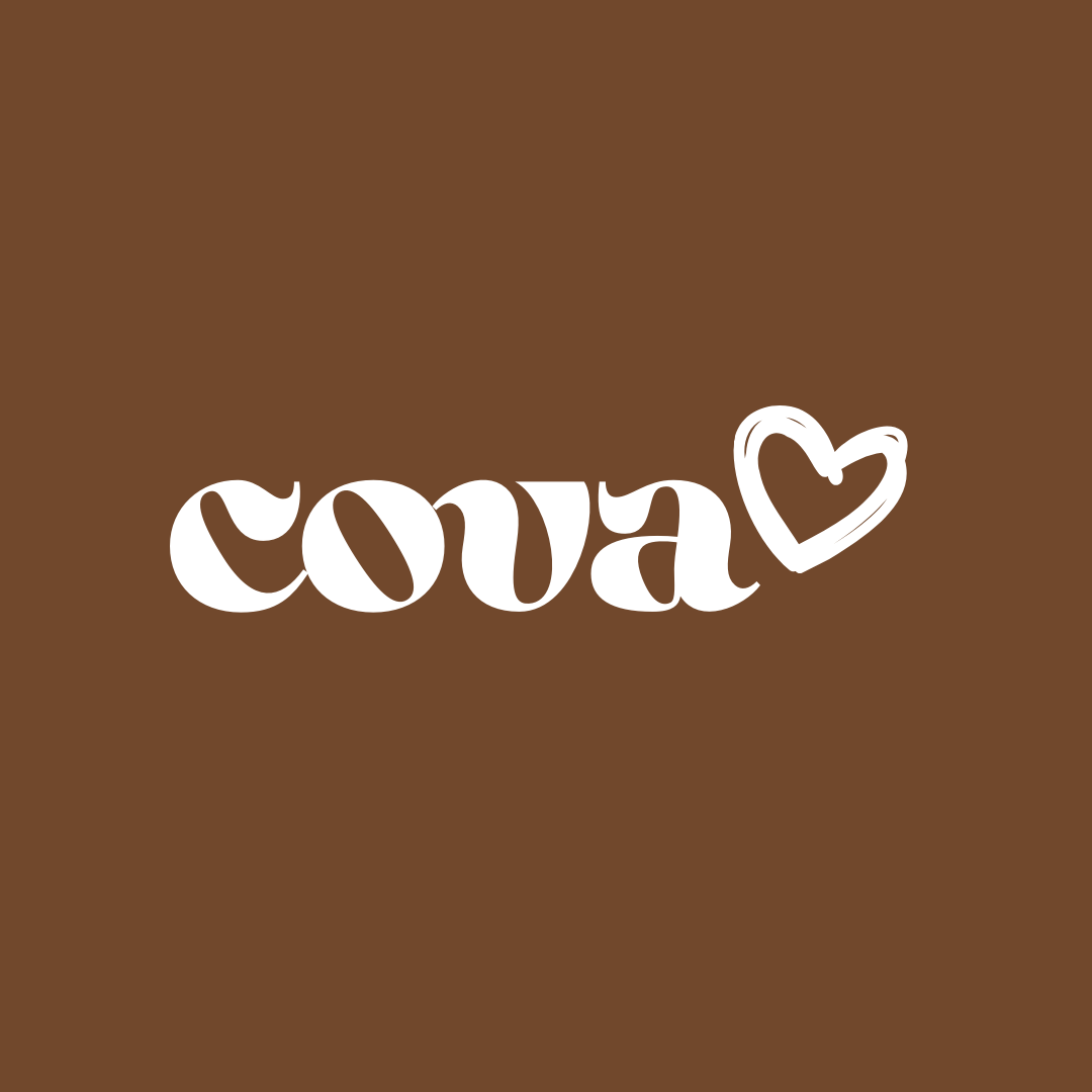 Brown background with white handwritten style text that says 'COVA' with a heart shape at the end.