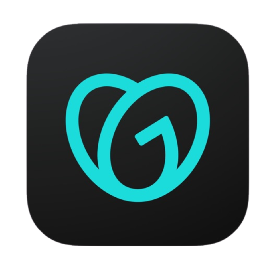 App icon with a stylized blue-green heart shape and the letter G inside, on a black background.
