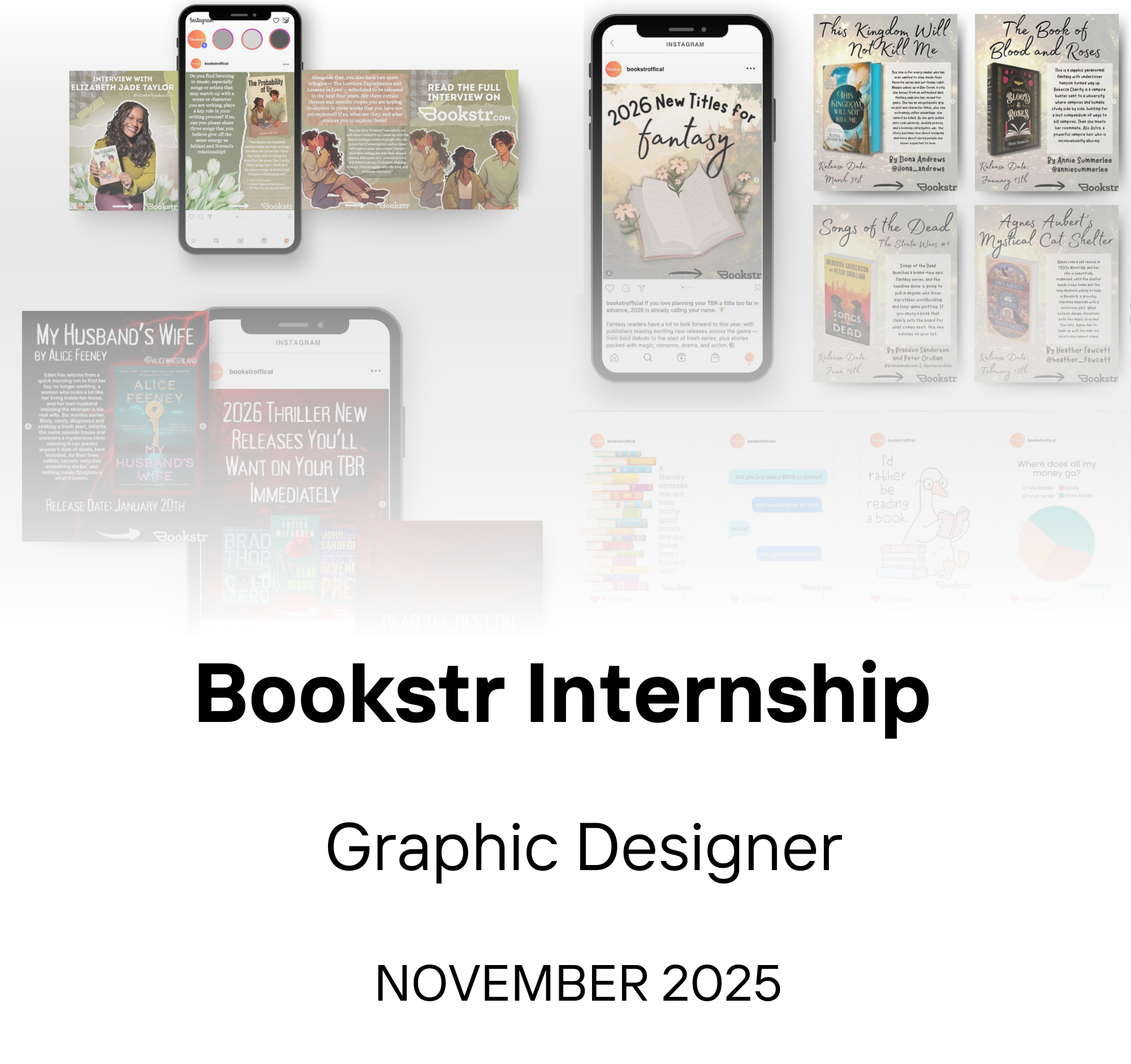Cover slide showing 'Bookstr Internship' and subtitle 'Graphic Designer November 2025' with background images of social media posts and book graphics.