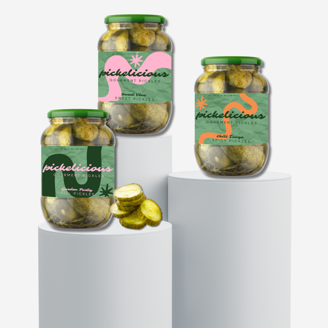 Three jars of Picklelicious gourmet pickles on white pedestals, with slices of pickles in front, in various flavors including Sweet Vine, Chili Tango, and Garden Party Dill.