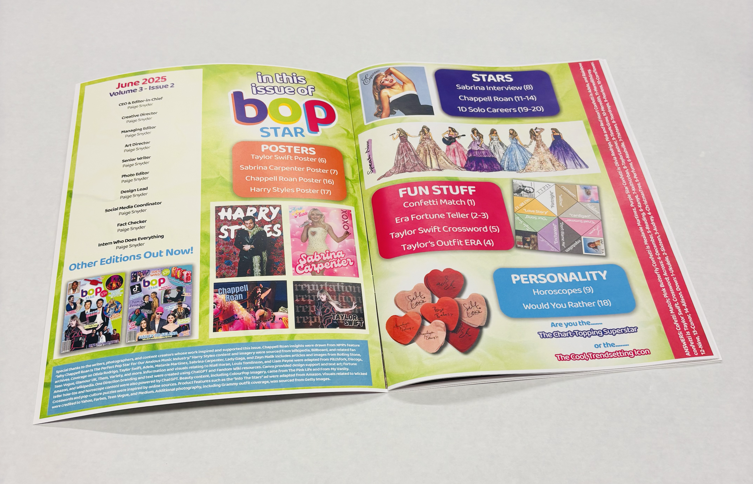 Colorful magazine page with sections for posters, fun stuff, personality, and star interview, featuring images of celebrities, dresses, crossword puzzles, and animated graphics.