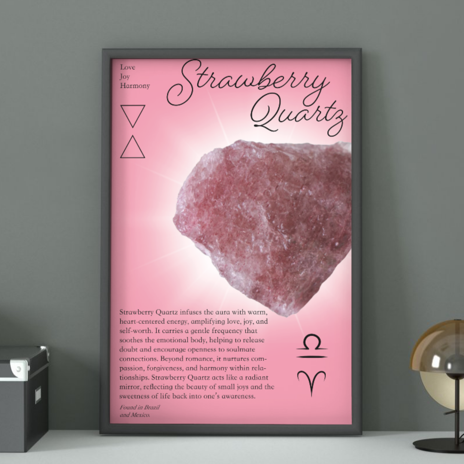 Poster advertising Strawberry Quartz crystal with pink background, image of a pinkish crystal, and descriptive text about its properties and origin.