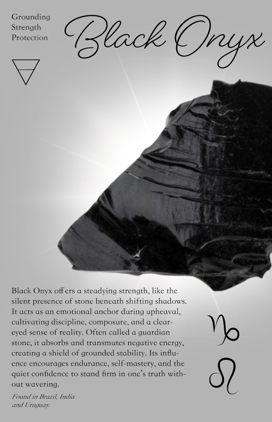 A black onyx stone with text describing the stone's grounding properties, what it symbolizes, and its origins, including Brazil, India, and Uruguay.