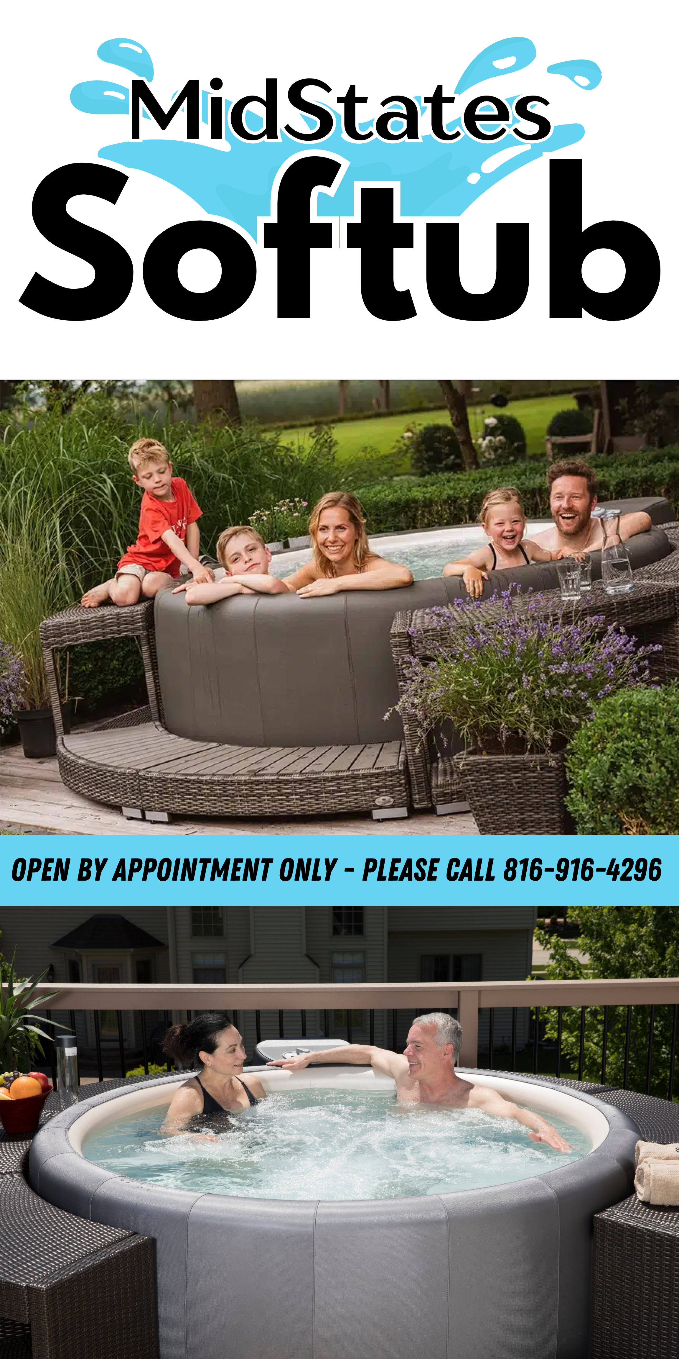 Promotional flyer for MidStates Softub showing two images of people enjoying hot tubs outdoors, with the company name at the top and contact information indicating appointment-only service.