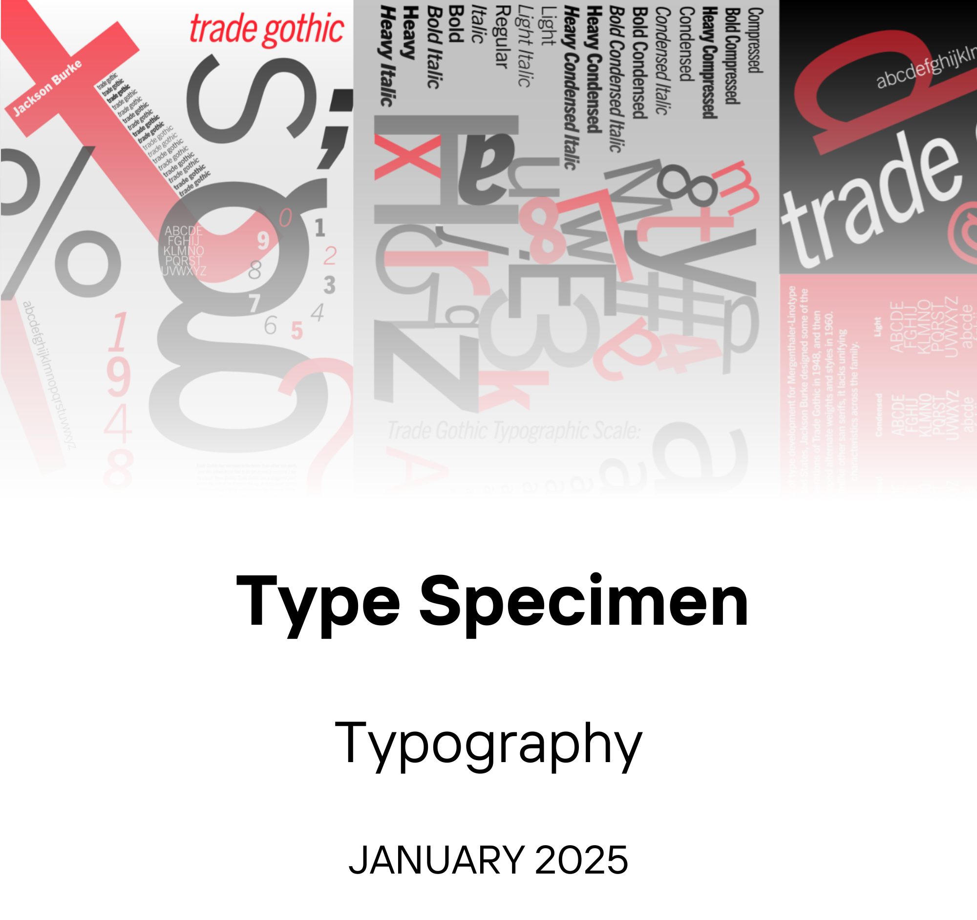 Cover page for a typographic sample book titled 'Type Specimen,' with the subtitle 'Typography,' and date 'January 2025.' The background features a collage of various typography styles and font names, including 'Trade Gothic,' 'Jackson Burke,' and different font weights and styles.