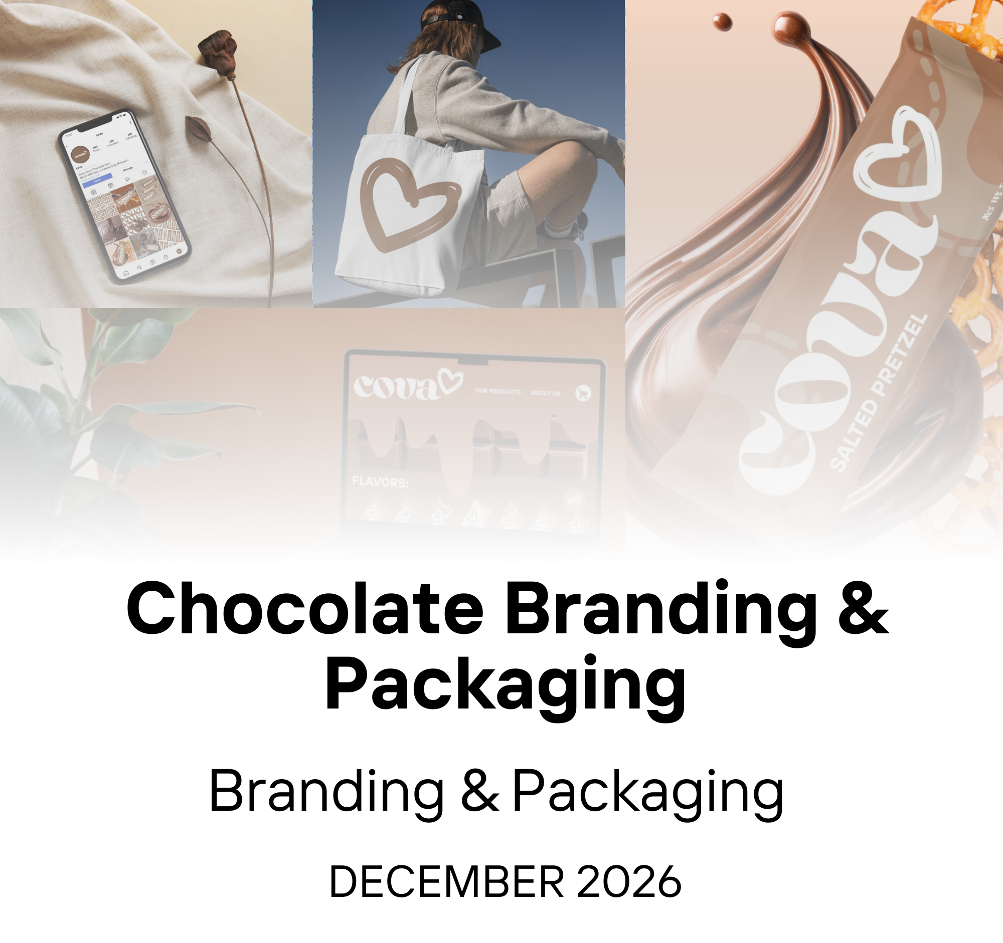 Cover slide for a presentation titled "Chocolate Branding & Packaging," dated December 2026, featuring various chocolate branding images including a smartphone with chocolate branding, a woman with a branded tote bag, a close-up of a chocolate product package, and digital branding. The images highlight chocolate product branding and packaging design.