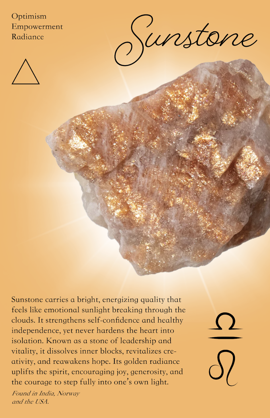 A close-up image of a sunstone mineral with a glowing, golden sparkle. The background is a gradient of orange shades. The text describes the sunstone's qualities of optimism, empowerment, and radiance.