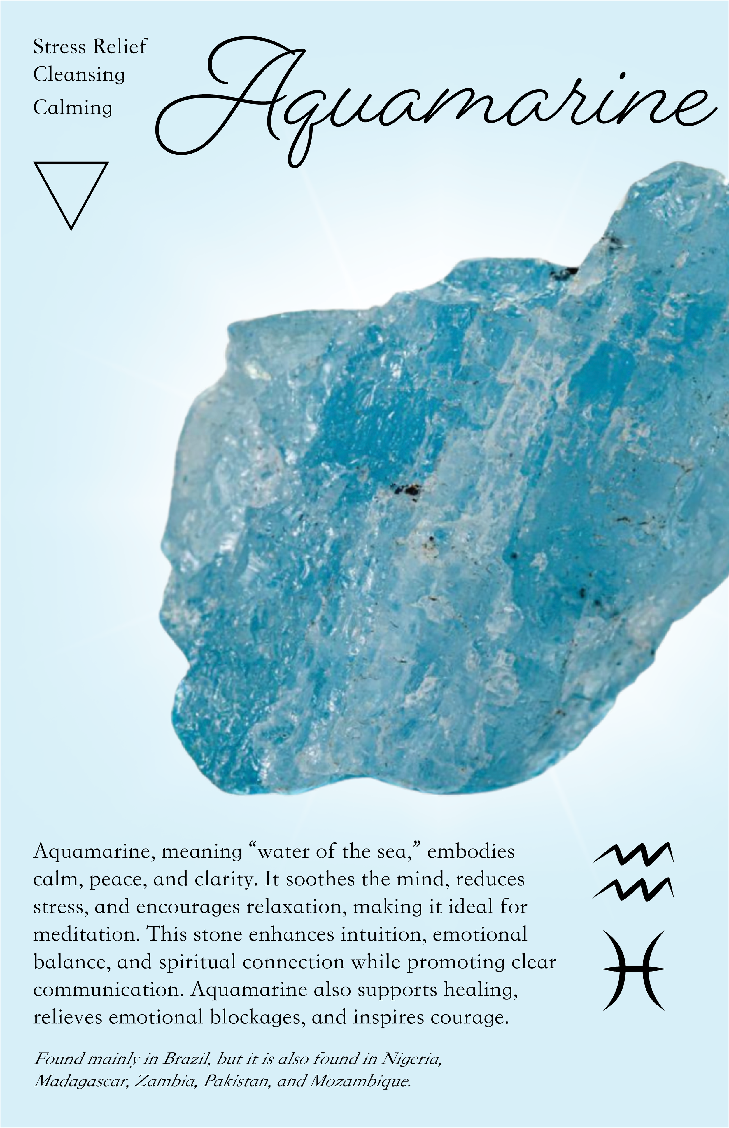 A pamphlet about aquamarine, a blue crystal, highlighting its calming and healing properties, with a large image of a raw aquamarine stone on a pale blue background.