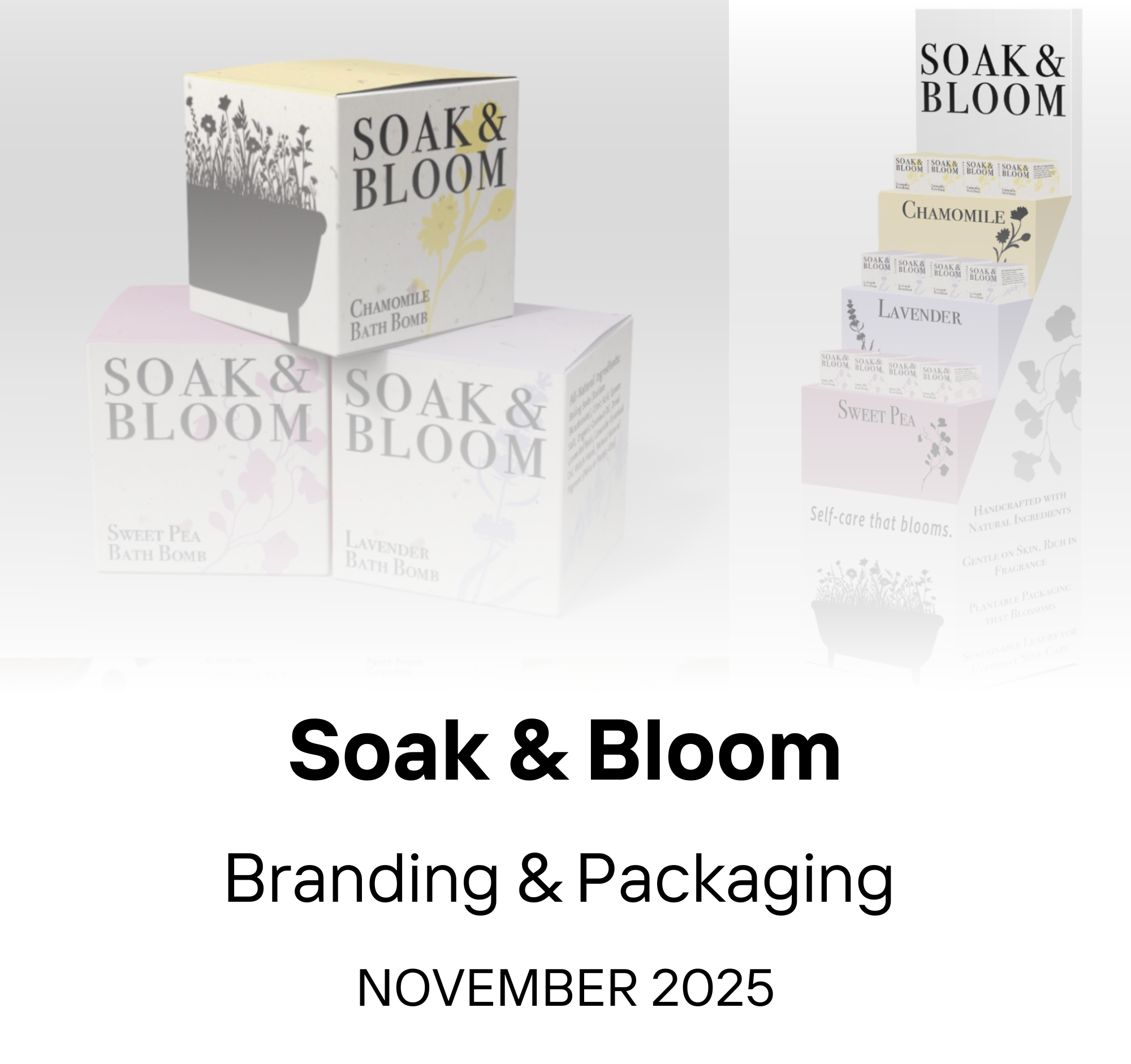 Packaging display of Soak & Bloom bath bombs featuring floral-themed boxes for chamomile, lavender, and sweet pea scents, with branding and product information for a 2025 presentation.