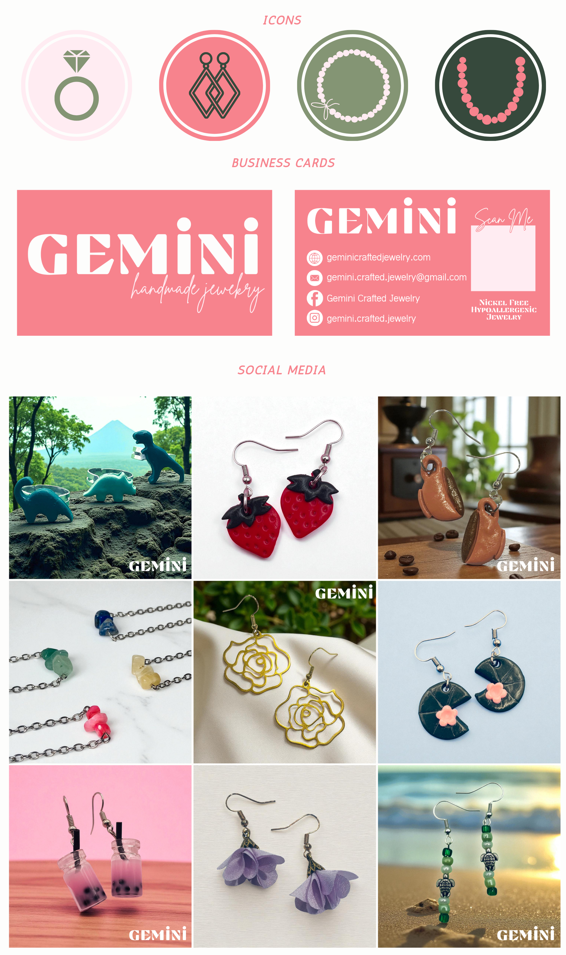 Collection of jewelry and branding materials for GEMINI, showcasing jewelry icons, business cards, and various earrings and necklaces on social media.