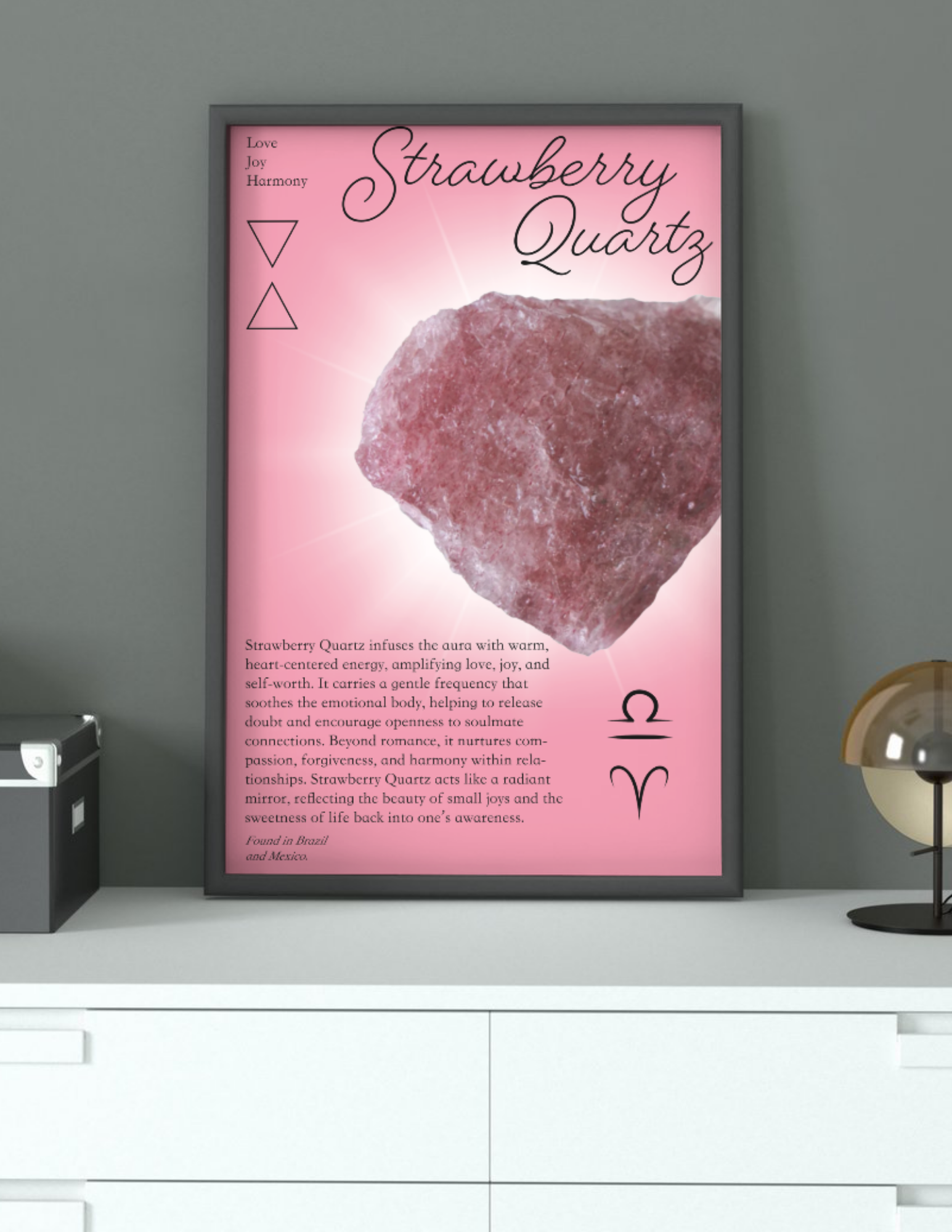 Poster featuring a pink strawberry quartz crystal with the title 'Strawberry Quartz' and decorative symbols, describing its properties and origins in Brazil and Mexico.