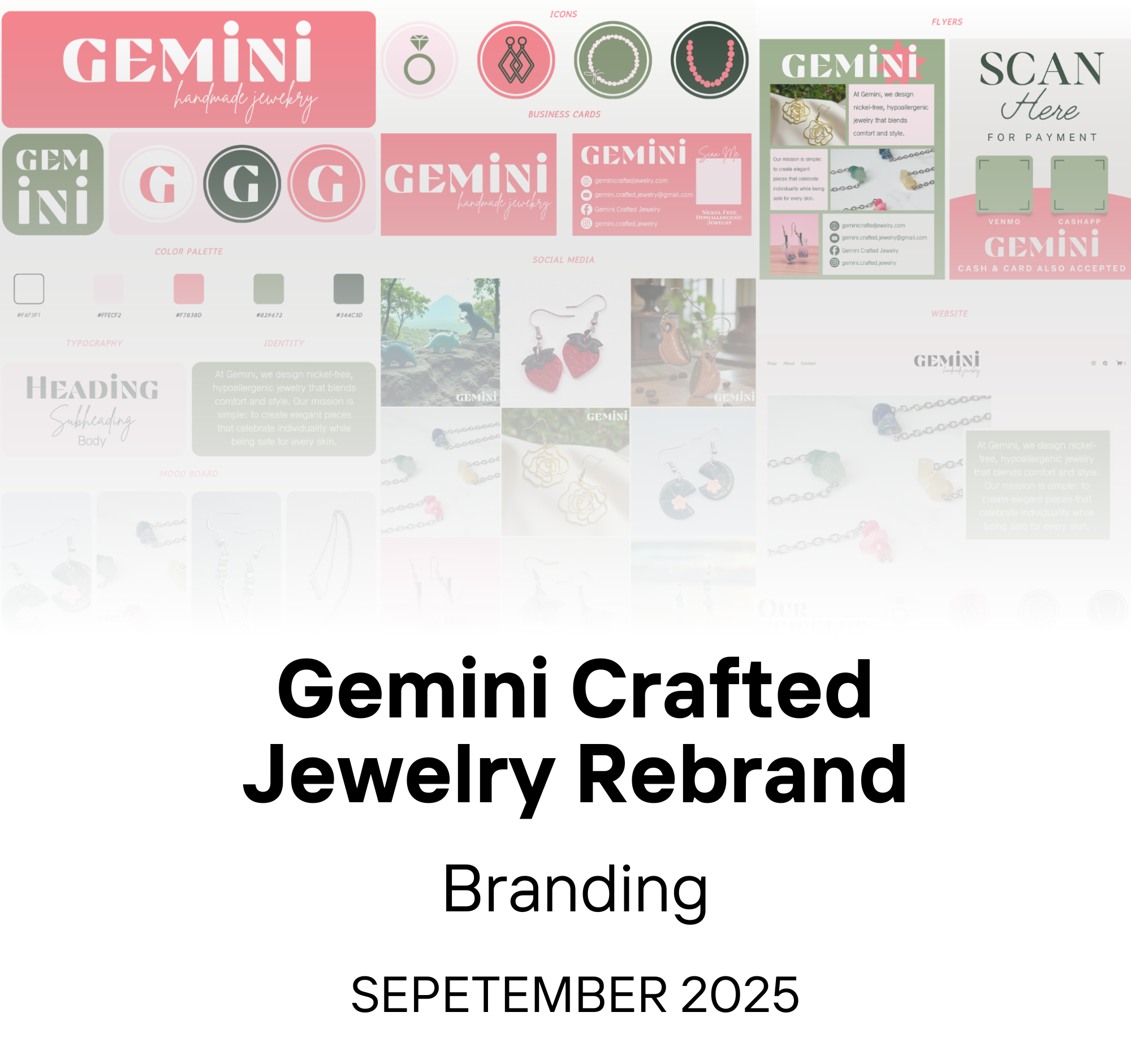 Cover slide for Gemini Crafted Jewelry Rebrand presentation, dated September 2025, with branding elements including logo concepts, jewelry images, and design related to branding.