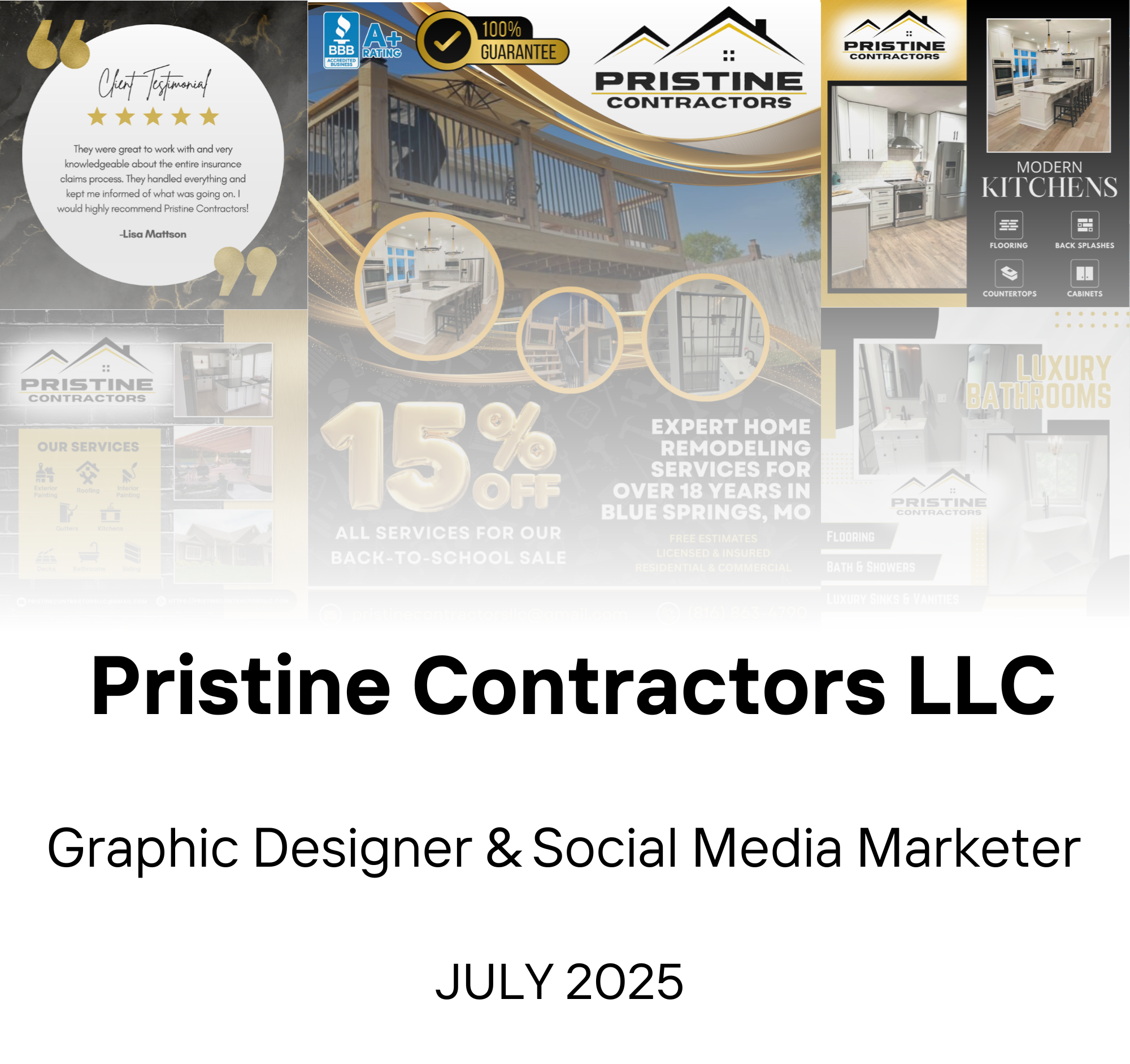 Cover page of a marketing presentation for Pristine Contractors LLC, featuring images of a deck renovation, modern kitchen, and bathroom, with promotional text about home remodeling services and a 15% discount offer.