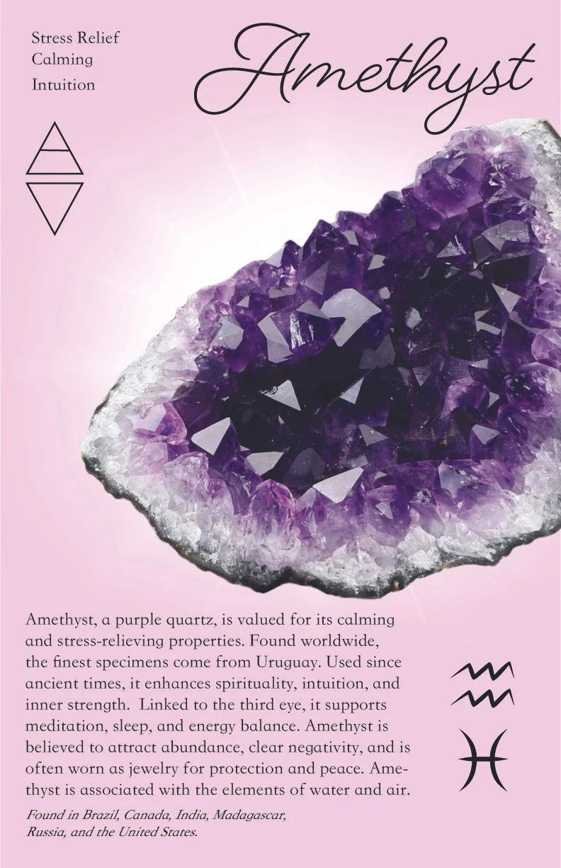 Information about amethyst crystal, including its benefits for stress relief, calming, and intuition, with an image of a purple amethyst geode on a light pink background.