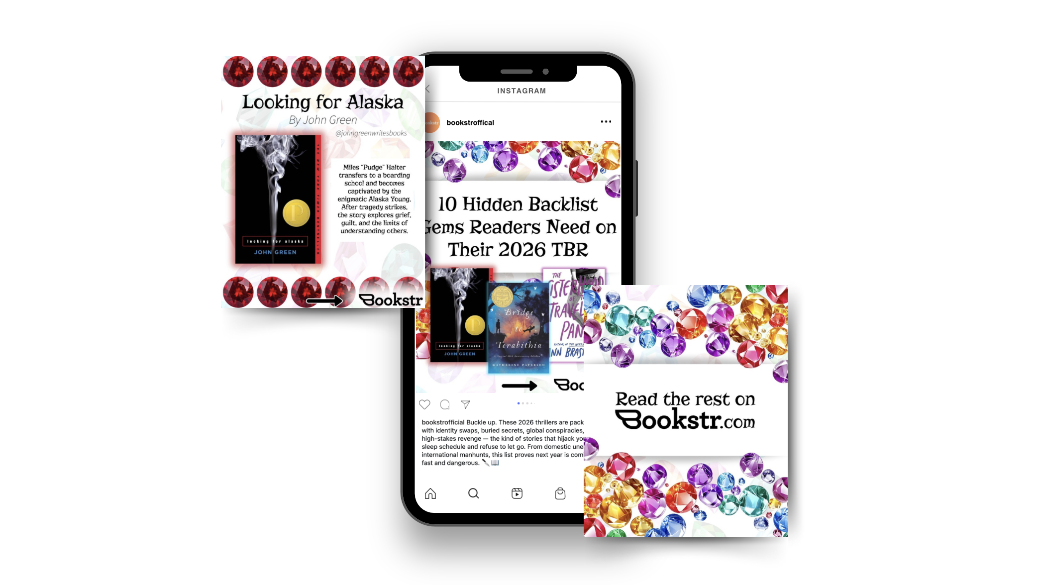 Smartphone screen displaying Instagram post and book covers surrounded by colorful jewel-like decorations.