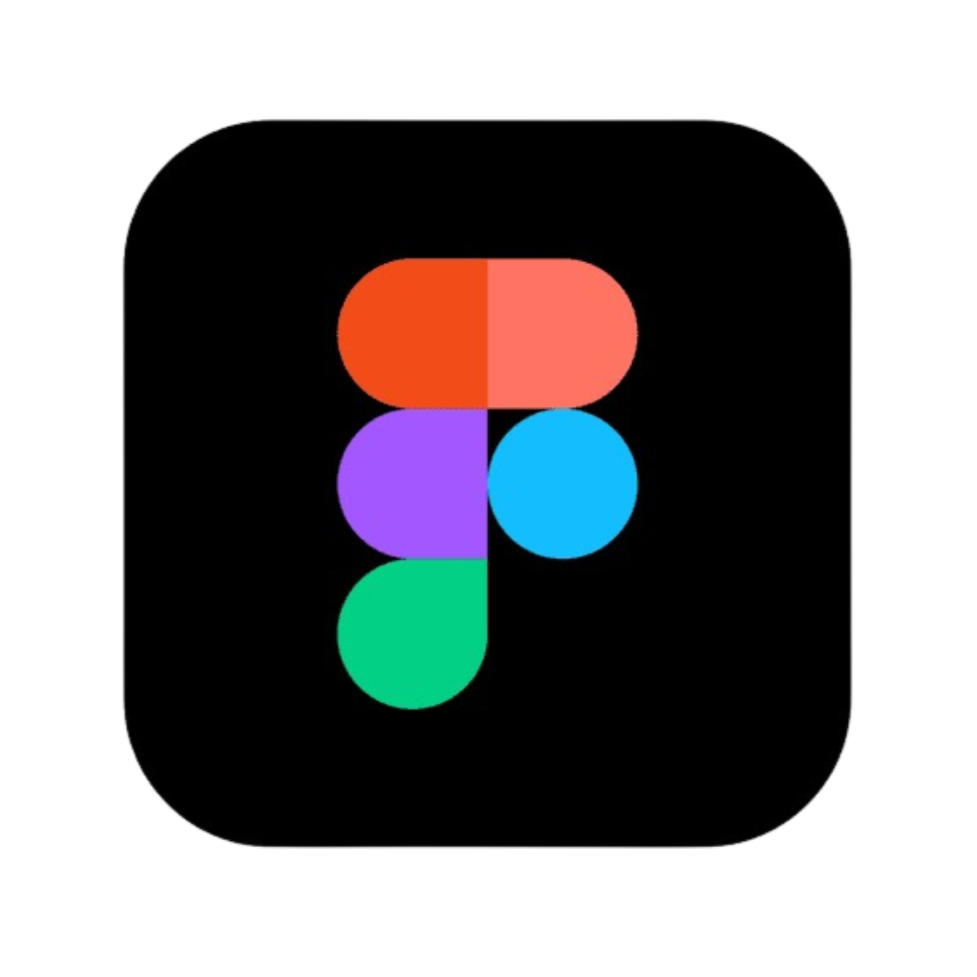 Figma app icon with a black background and a multicolored 'F' made of rounded shapes in red, purple, green, and blue.